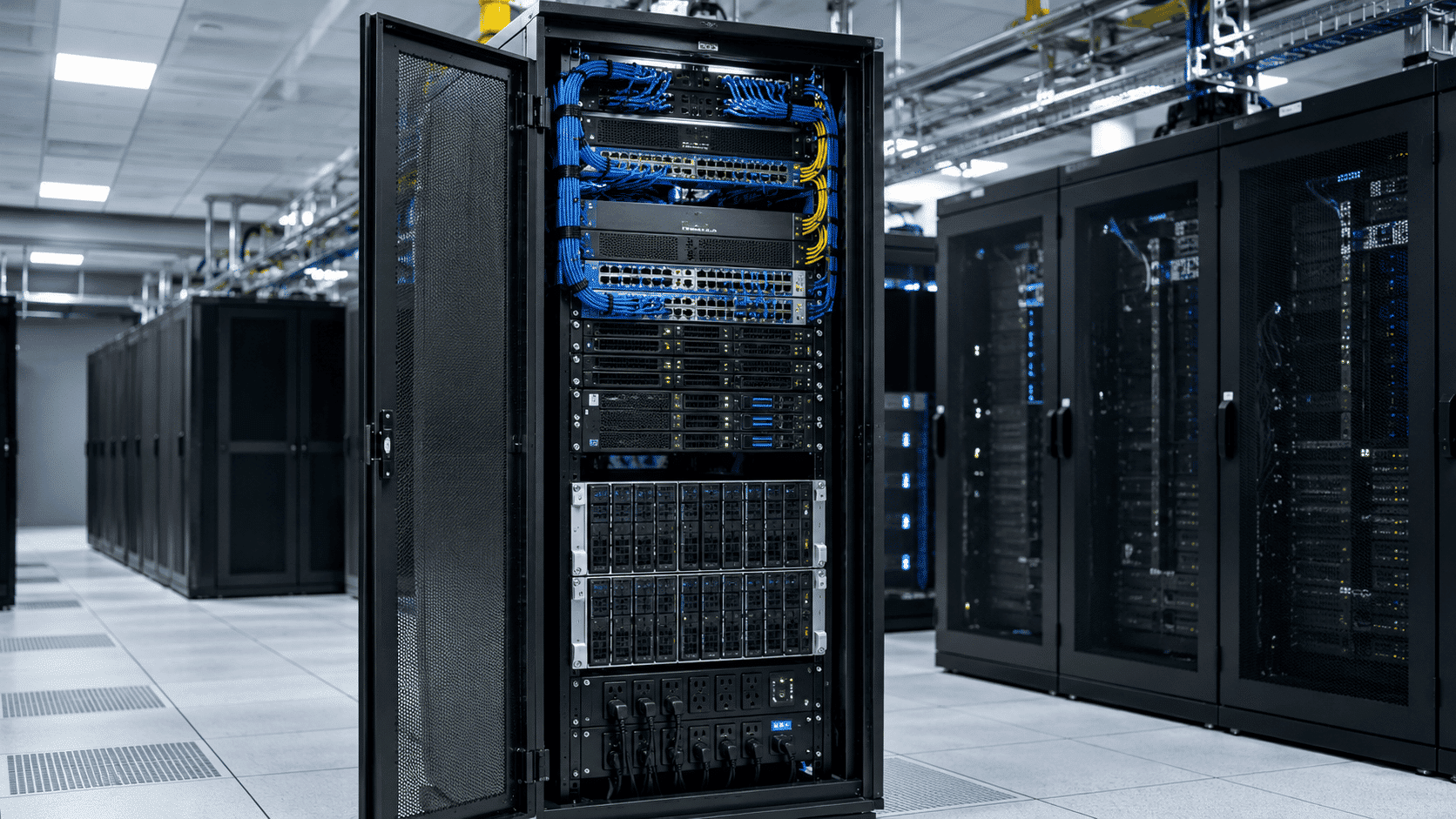 Data center server rack organizing servers, switches, cables, and power equipment efficiently