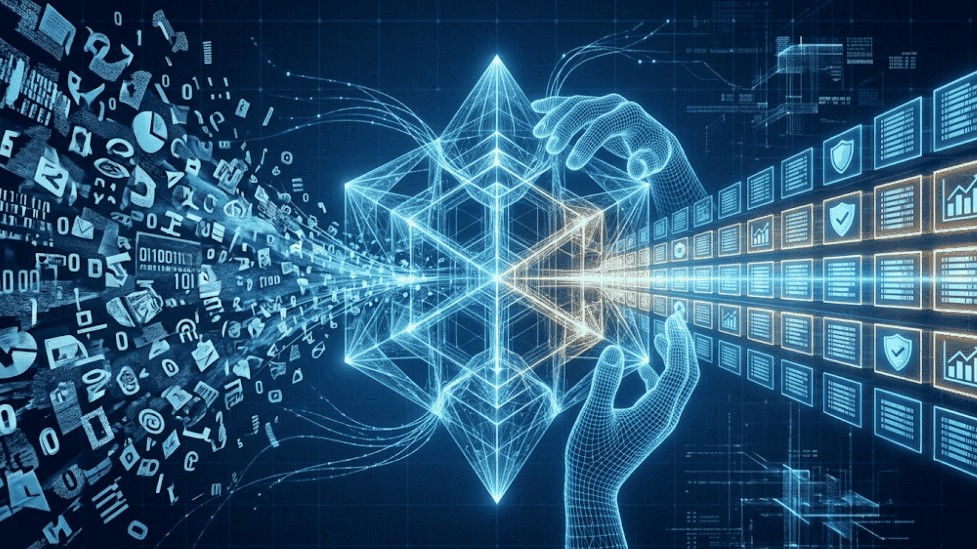 Digital hands shaping raw data into structured charts and reports through a glowing data cube