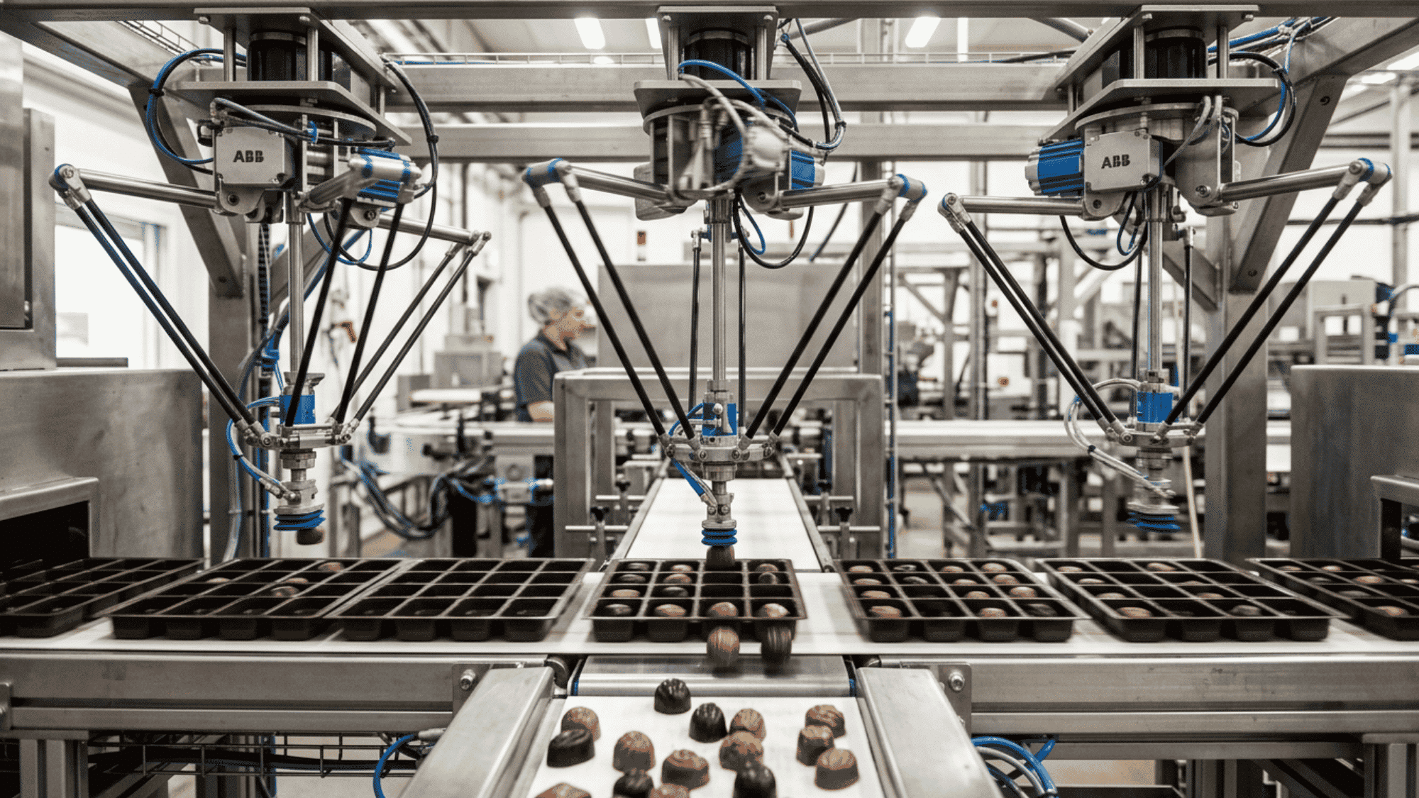 Delta robots mounted from the ceiling sorting and placing items into packaging trays on a food processing line