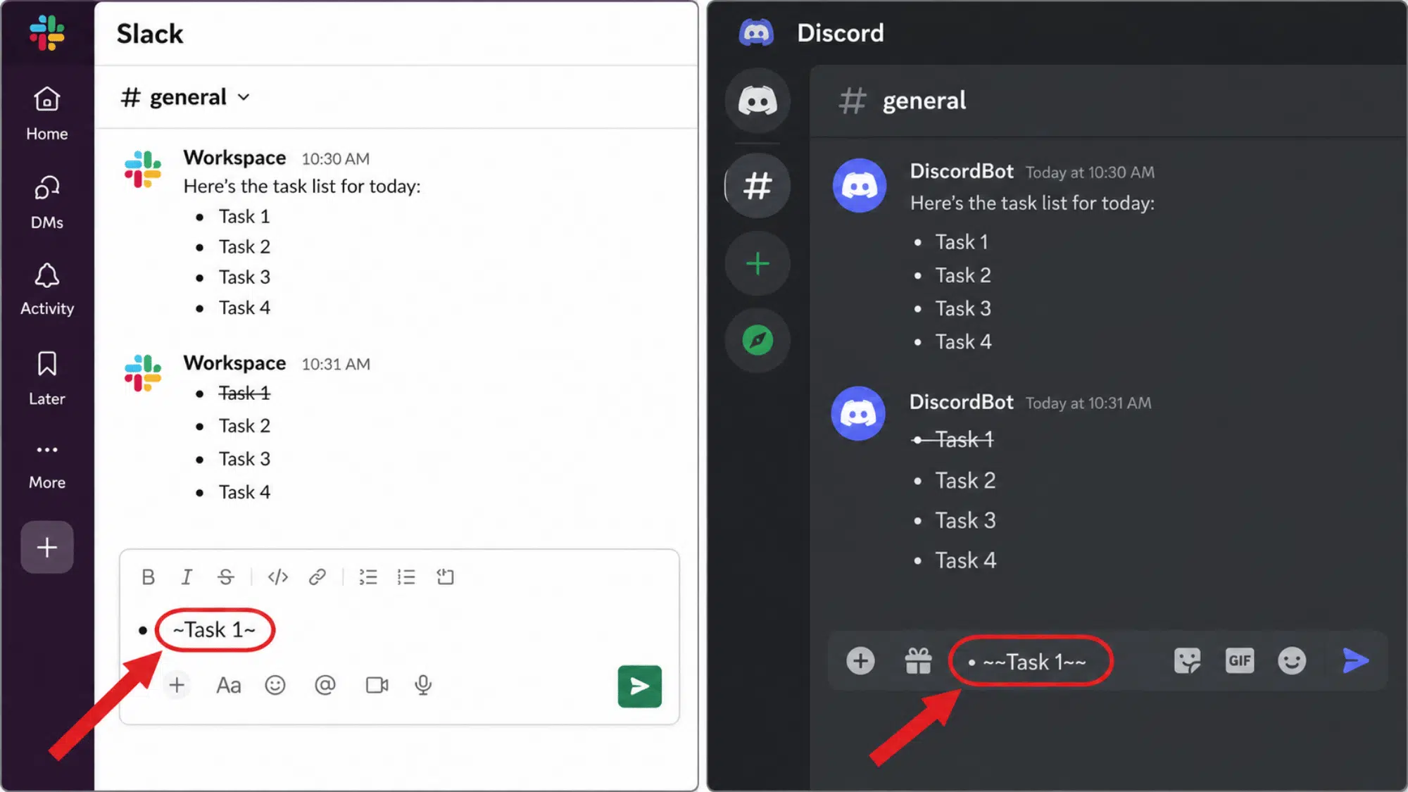 Slack and Discord showing tilde formatting for crossed-out task text