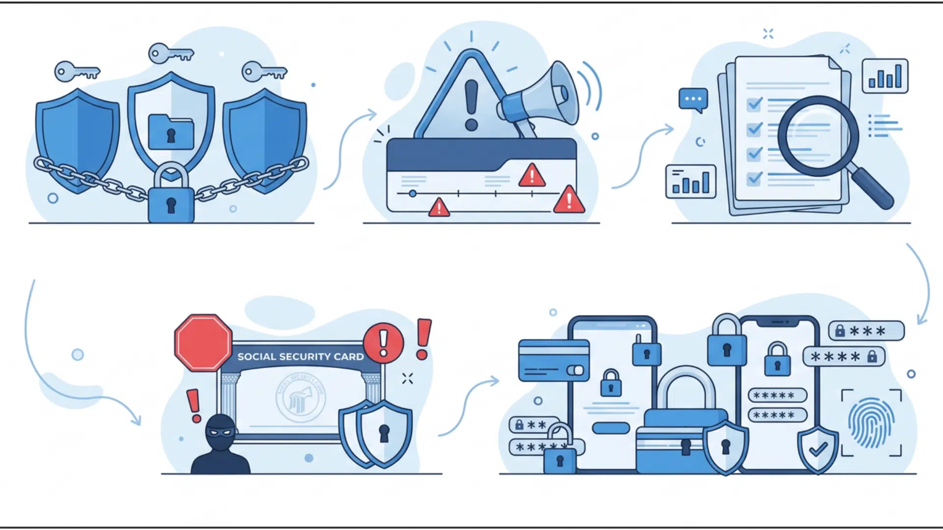 Data breach infographic showing credit checks, fraud alerts, and secure accounts