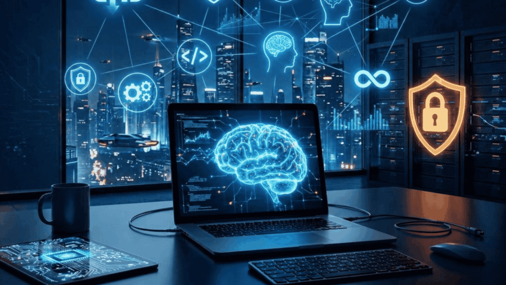 Futuristic workspace with AI brain on laptop screen and glowing city icons.
