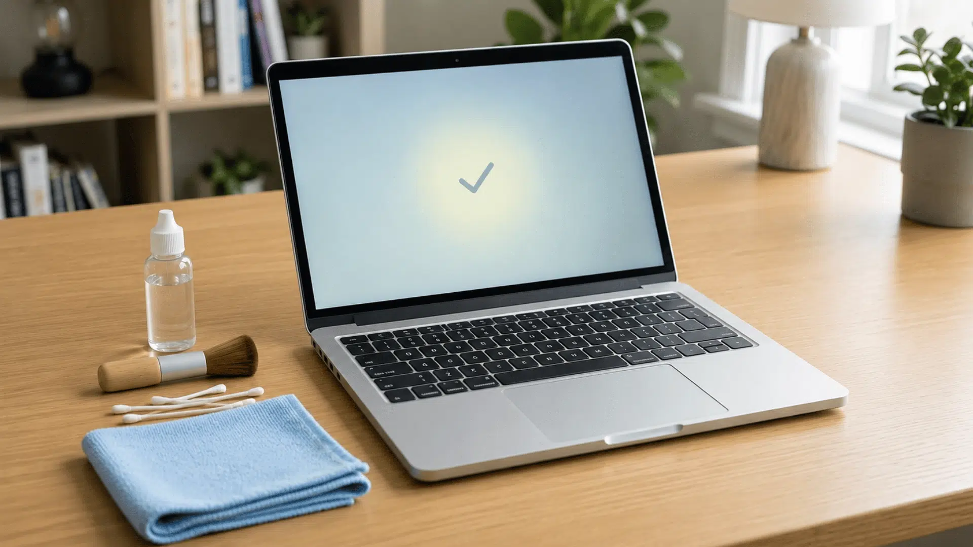 Clean MacBook keyboard drying on a desk before testing keys
