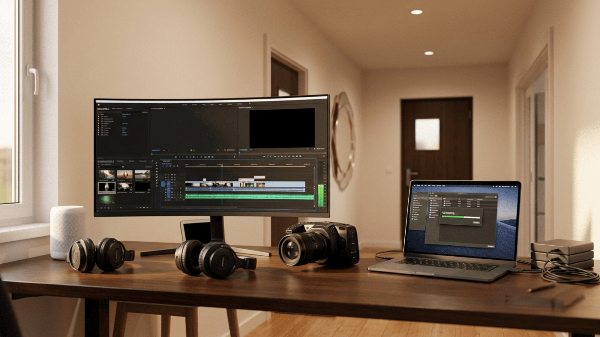 Editing desk with ultrawide monitor, laptop uploading files, camera, and headphones