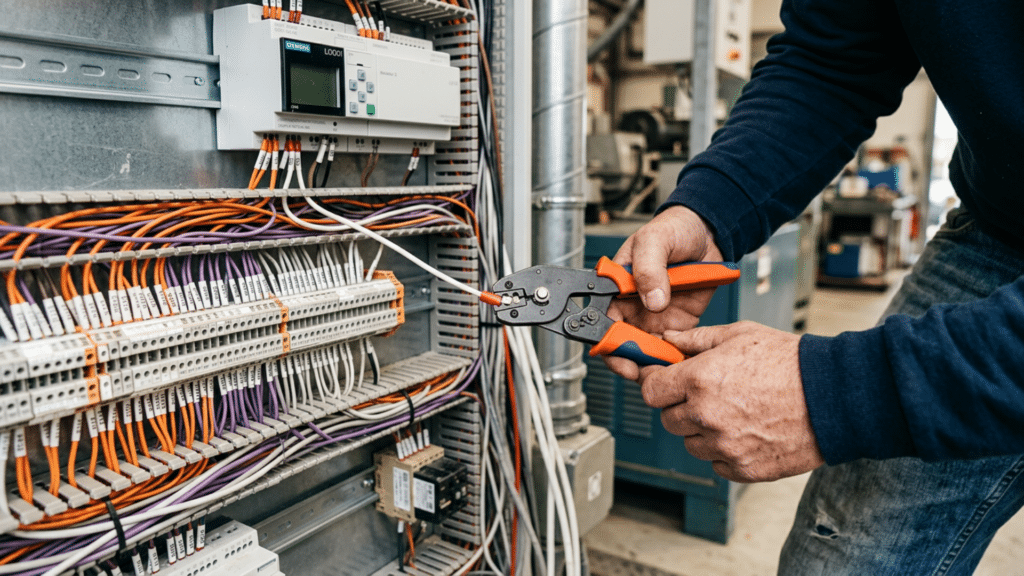 Electrician crimps a wire connector in a control panel with numerous cables and terminals