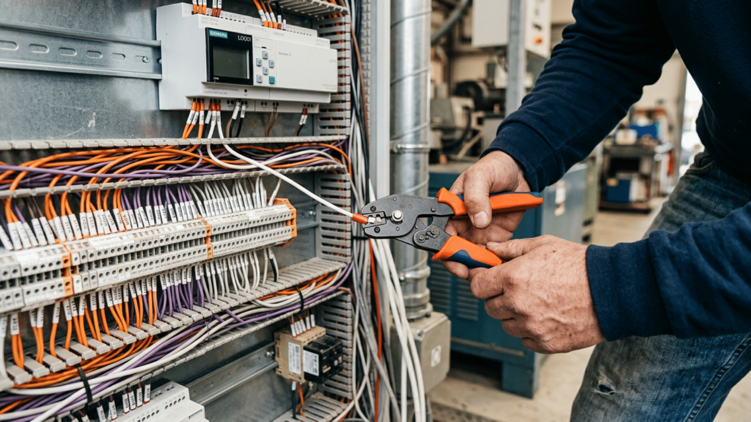 Electrician crimps a wire connector in a control panel with numerous cables and terminals