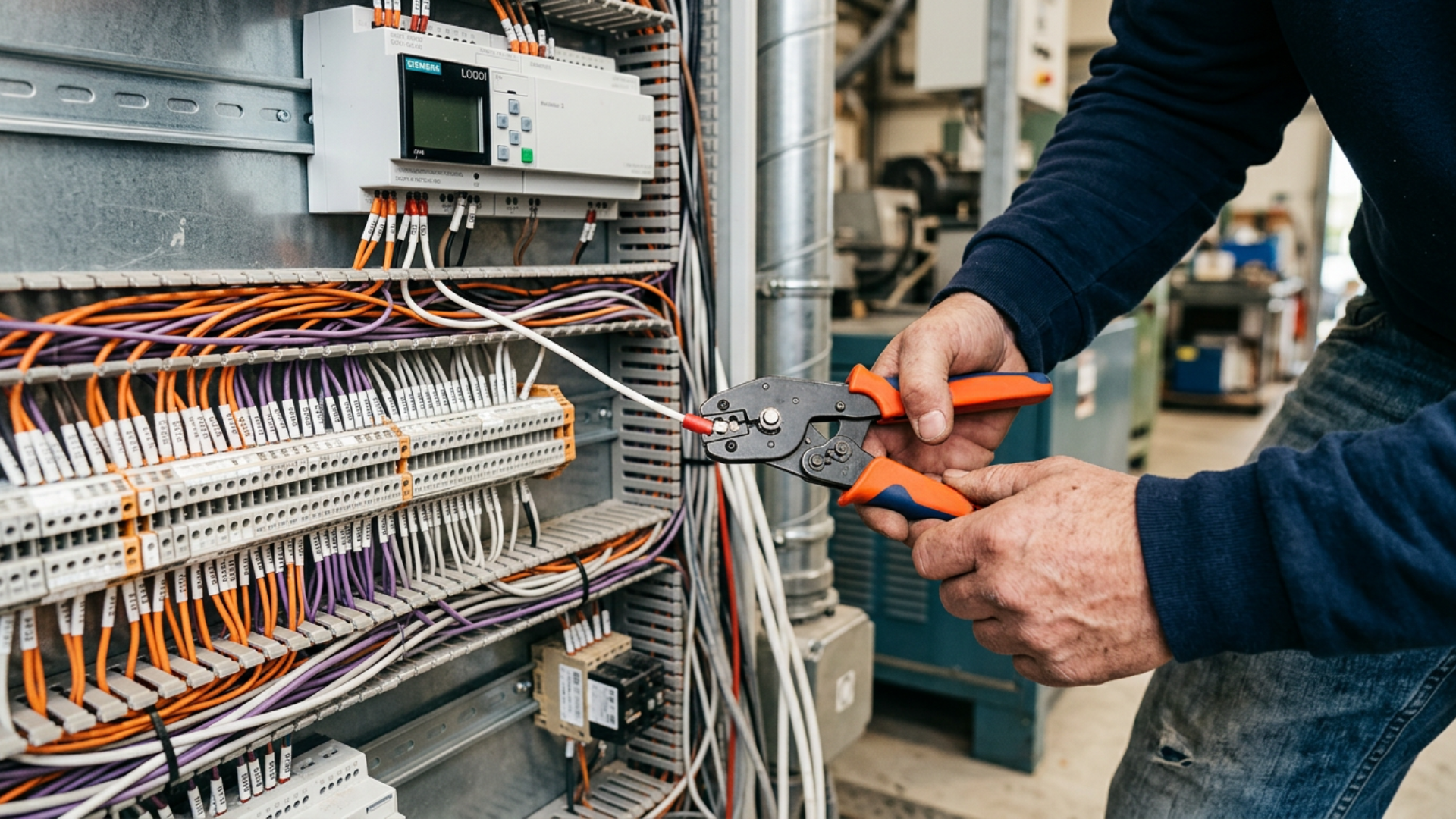 Electrician crimps a wire connector in a control panel with numerous cables and terminals