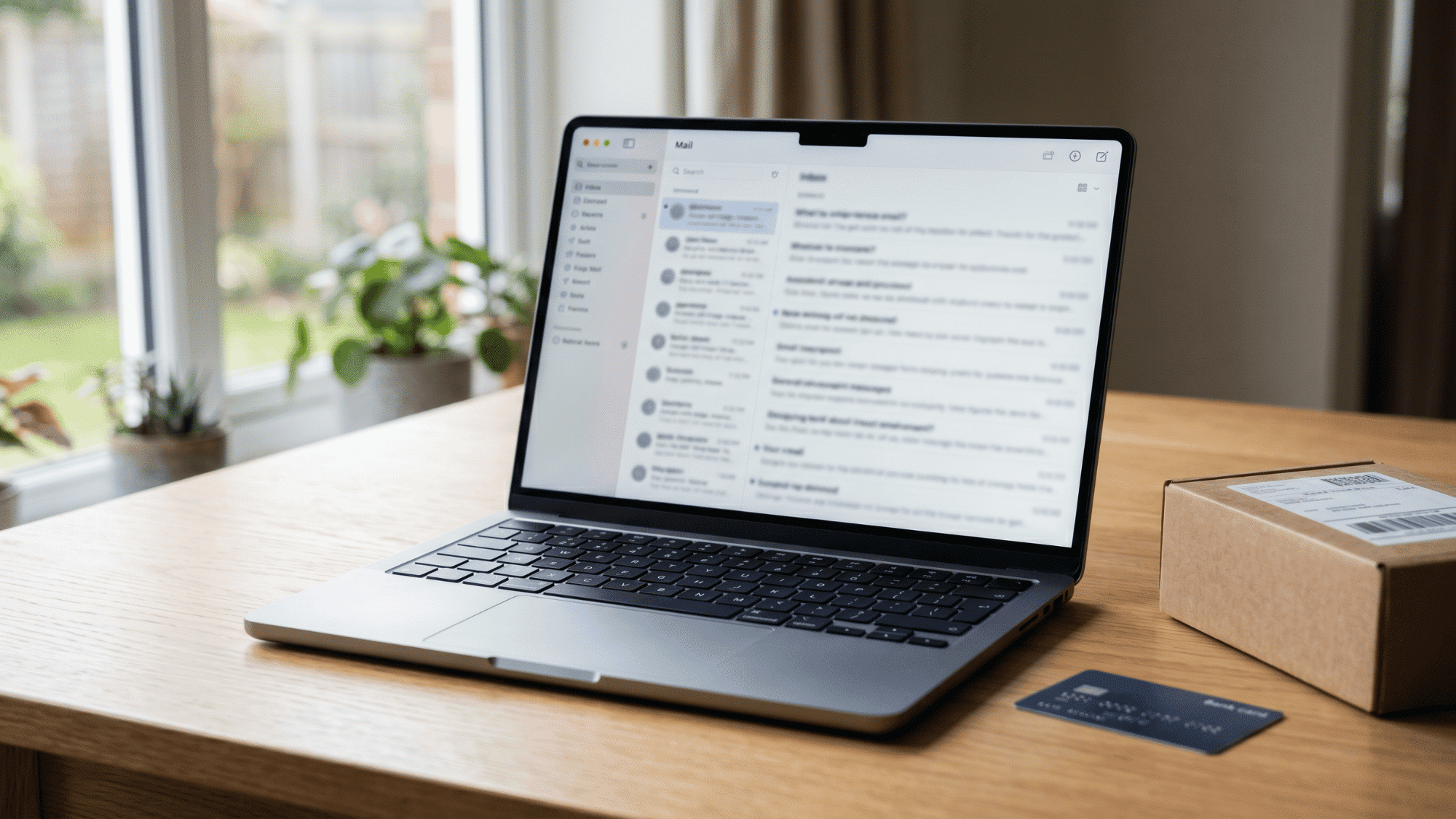 Laptop inbox with parcel and bank card showing email phishing risk