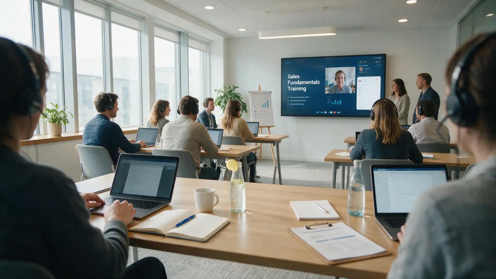 employees completing corporate compliance training with laptops and learning materials in a modern training room