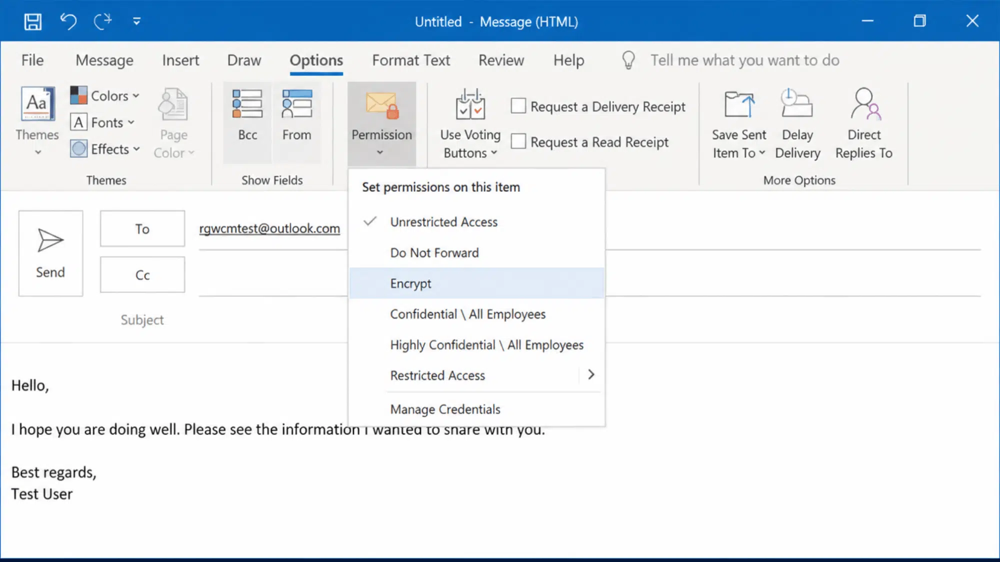 Microsoft Outlook desktop showing email encryption permission options
