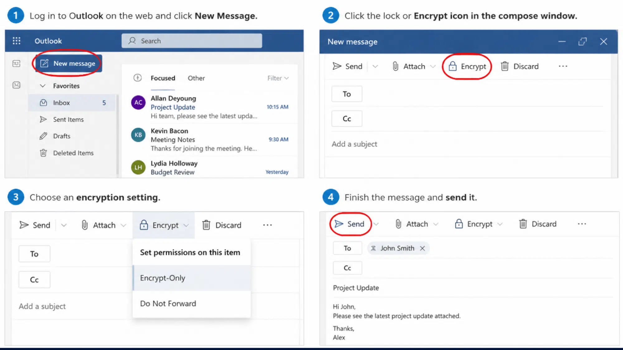 Steps to encrypt an email in Outlook using Microsoft 365 encryption