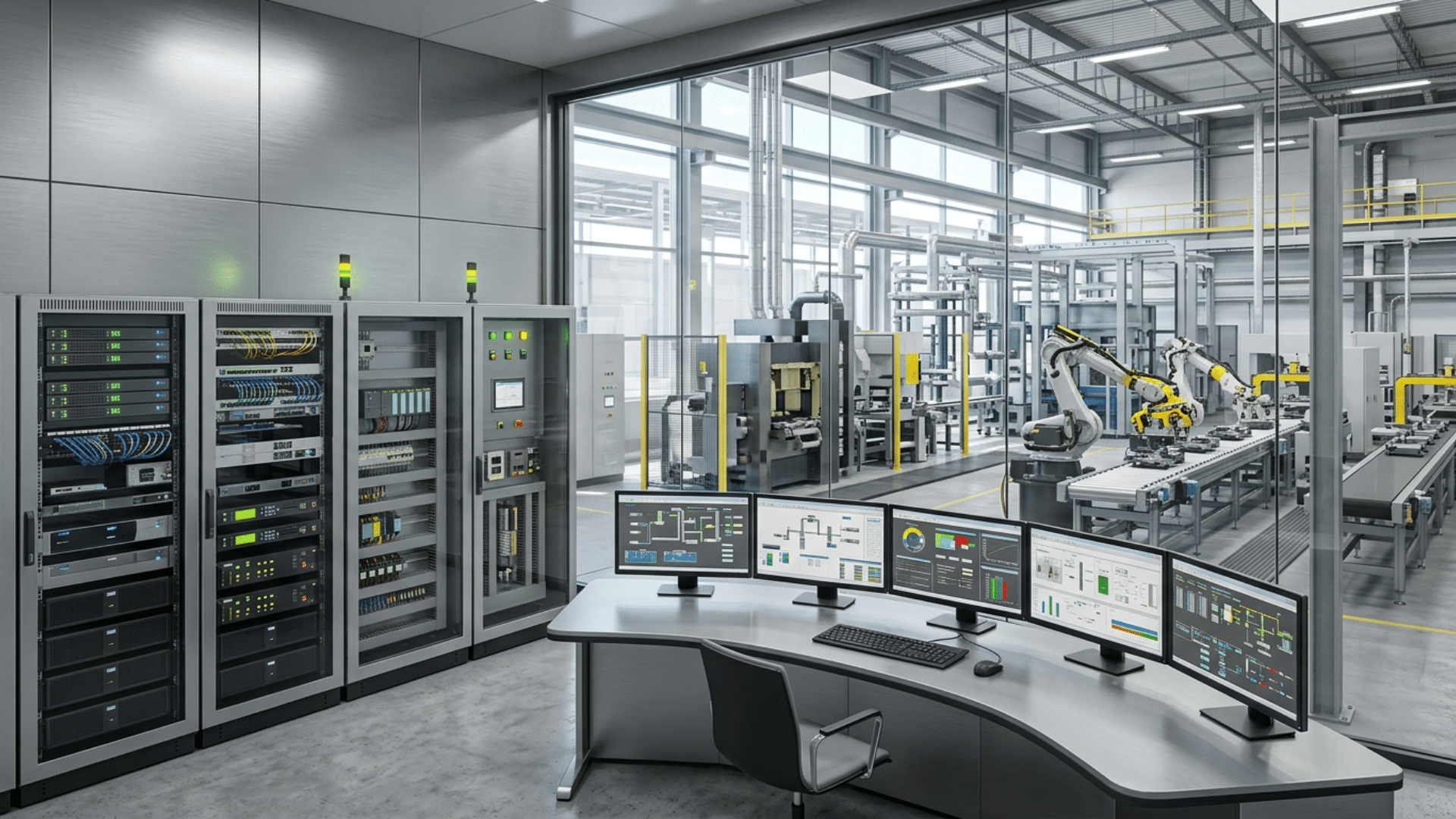 Engineers monitor industrial control systems and cybersecurity dashboards in a modern OT operations center