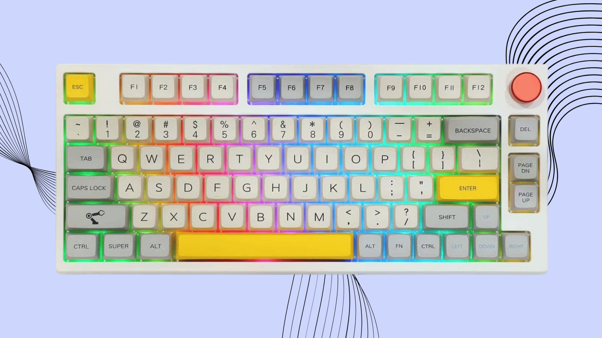 White compact mechanical keyboard with RGB lighting, yellow accents, and a rotary knob on a clean background.