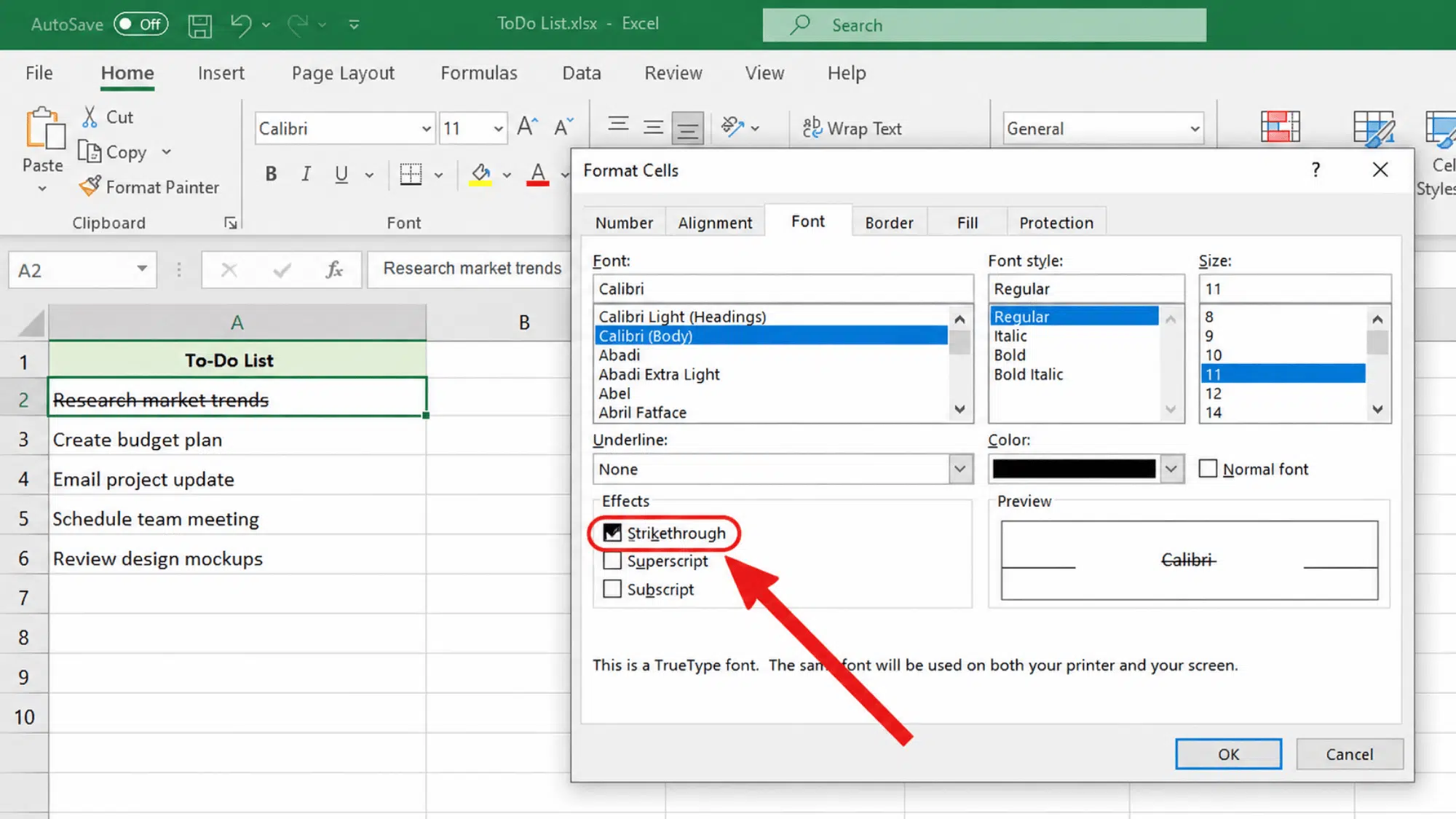 Excel Format Cells window showing checked strikethrough option for task list