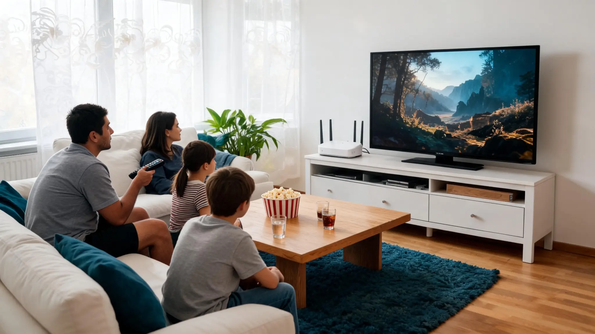 family streaming movie on tv with home internet router in living room setup
