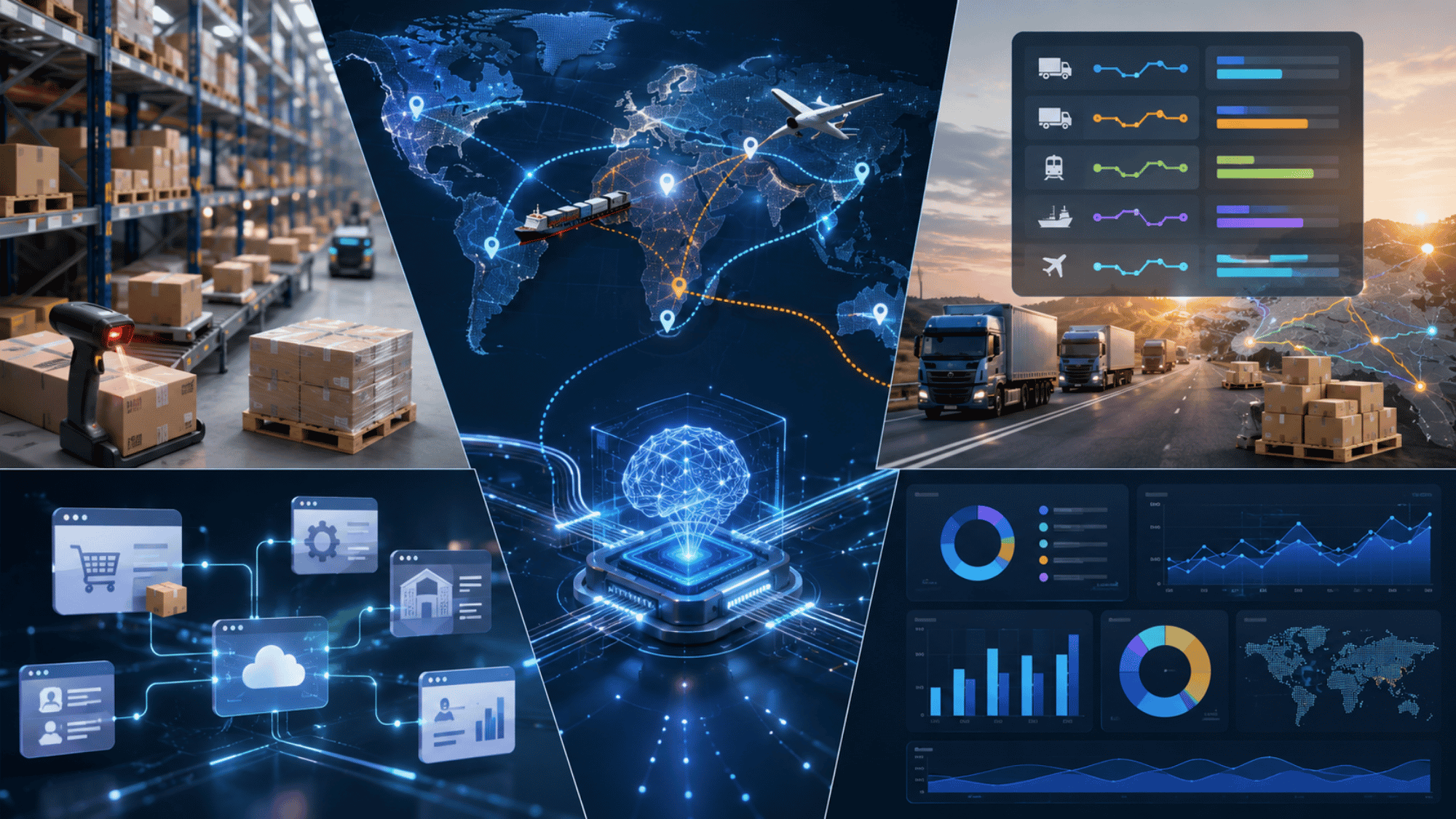 Logistics management software features including AI, tracking, and analytics tools