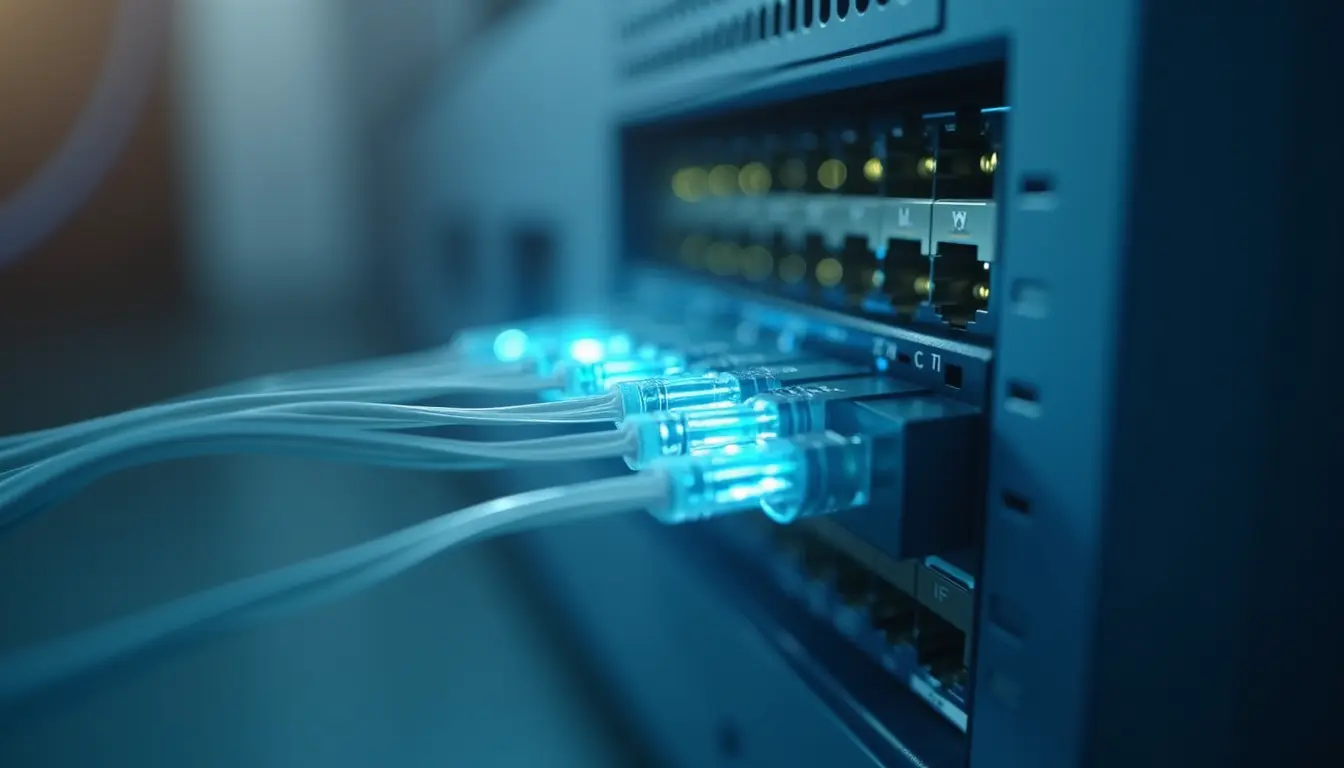 fiber optic cables connected to modem showing high speed broadband internet technology