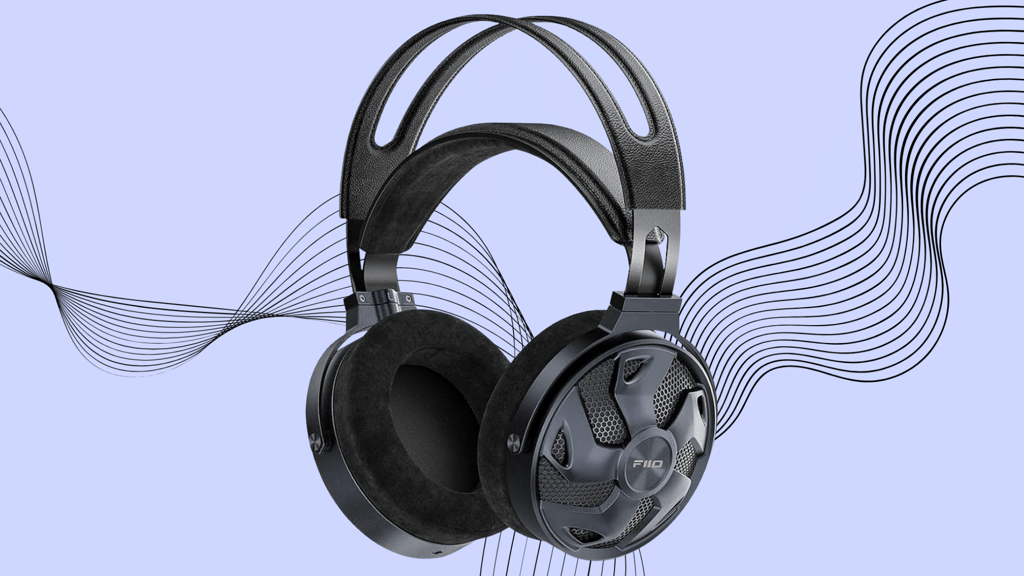 FiiO FT3 open-back headphones with black finish on a light purple background.