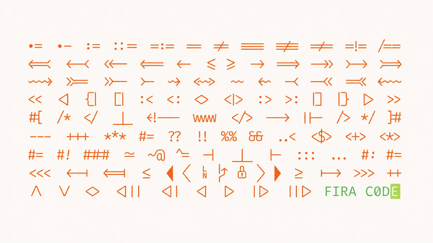 fira code font sample showing programming symbols alphabet and coding ligatures