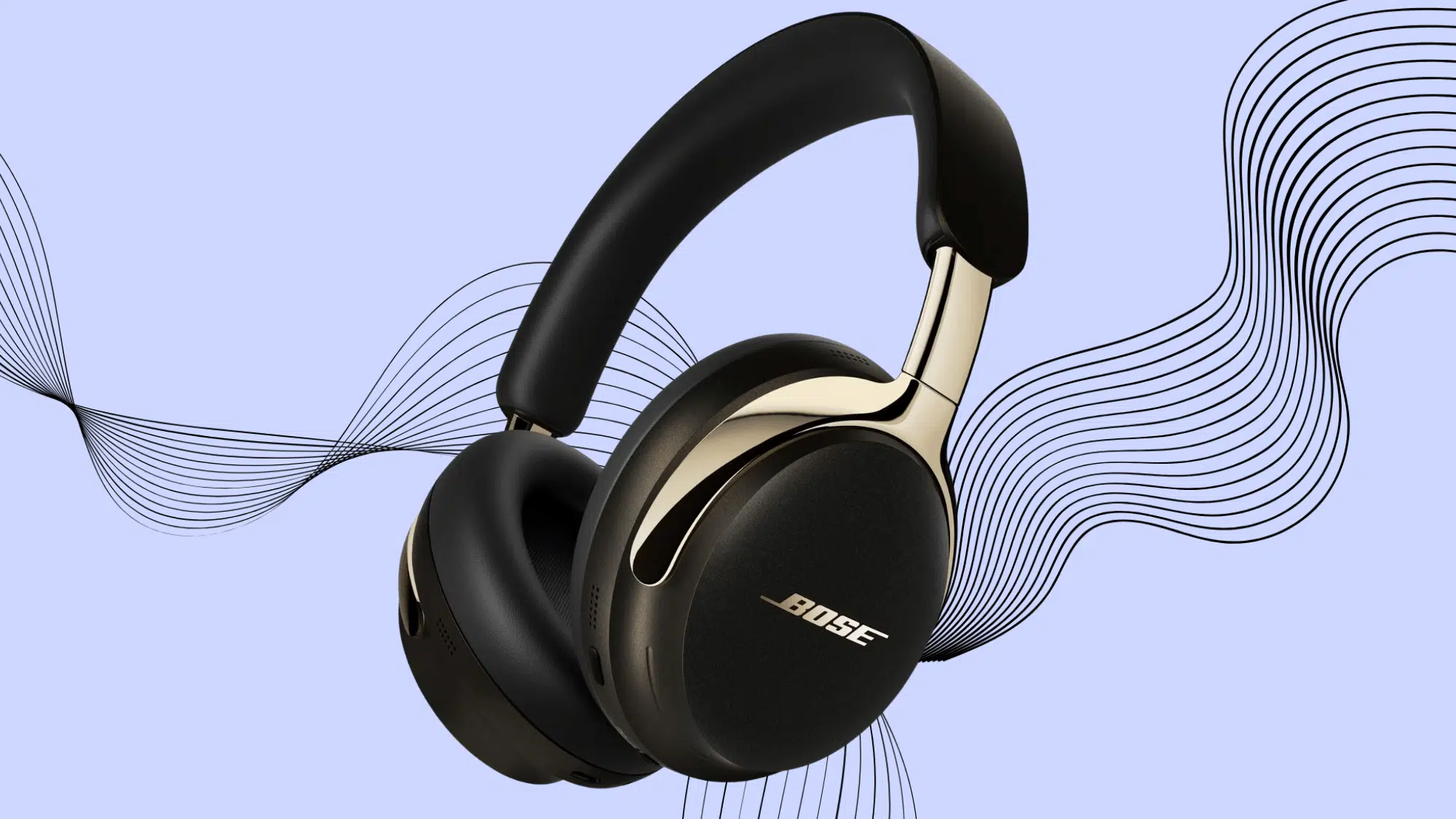Side view of black Bose over-ear headphones with sound wave design in background