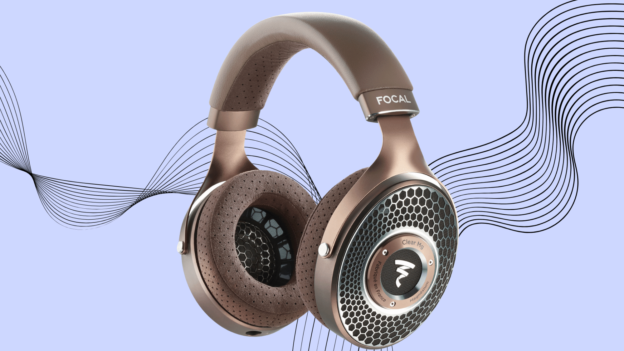 Focal Clear MG premium open-back audiophile headphones on abstract wave background with luxury finish.
