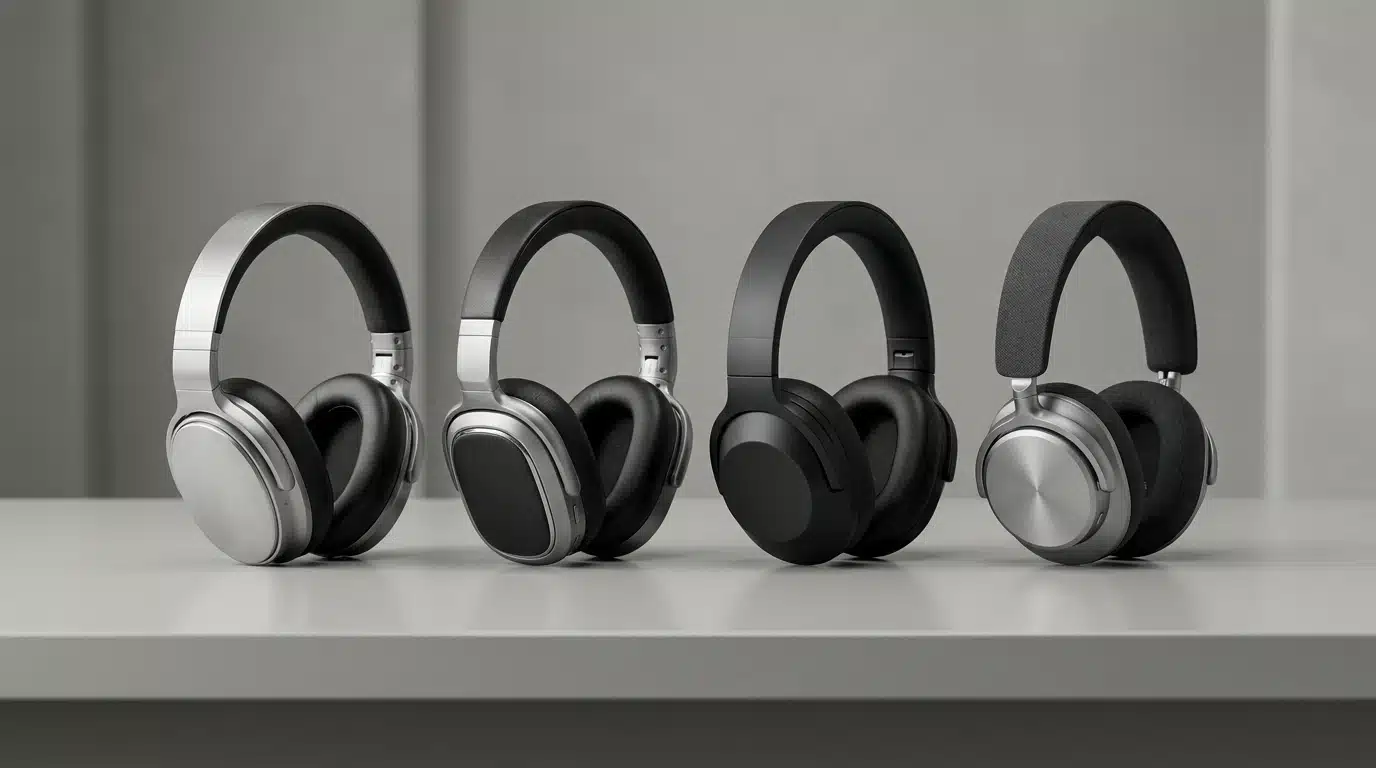 four premium over ear headphones arranged for a bose sony apple and sennheiser comparison