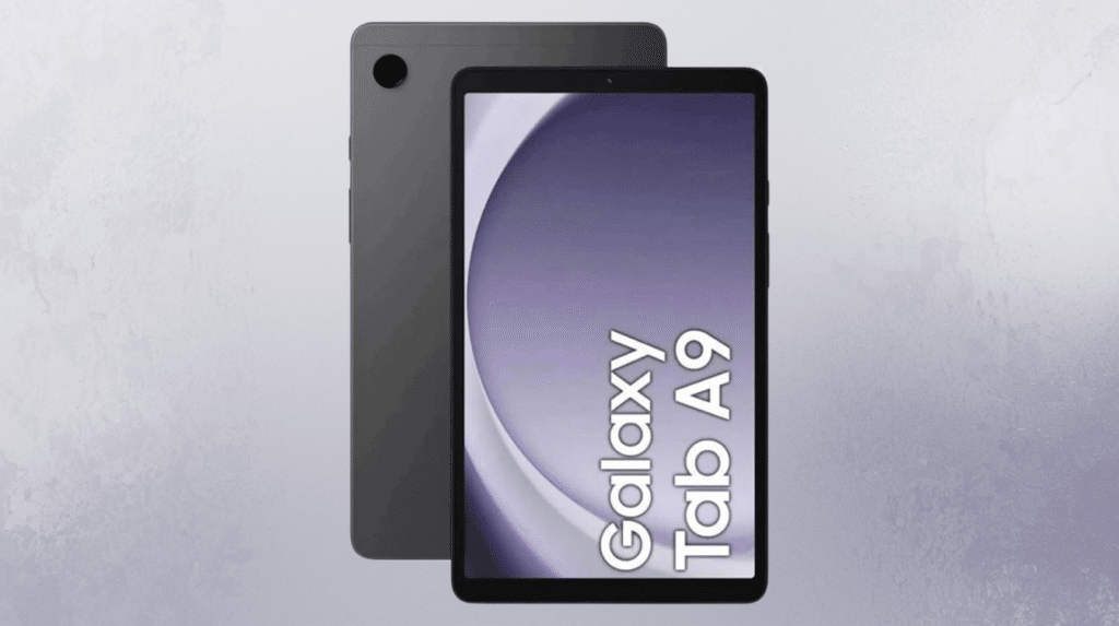 front and back view of samsung galaxy tab a9 showing 87 inch display and gray metal body