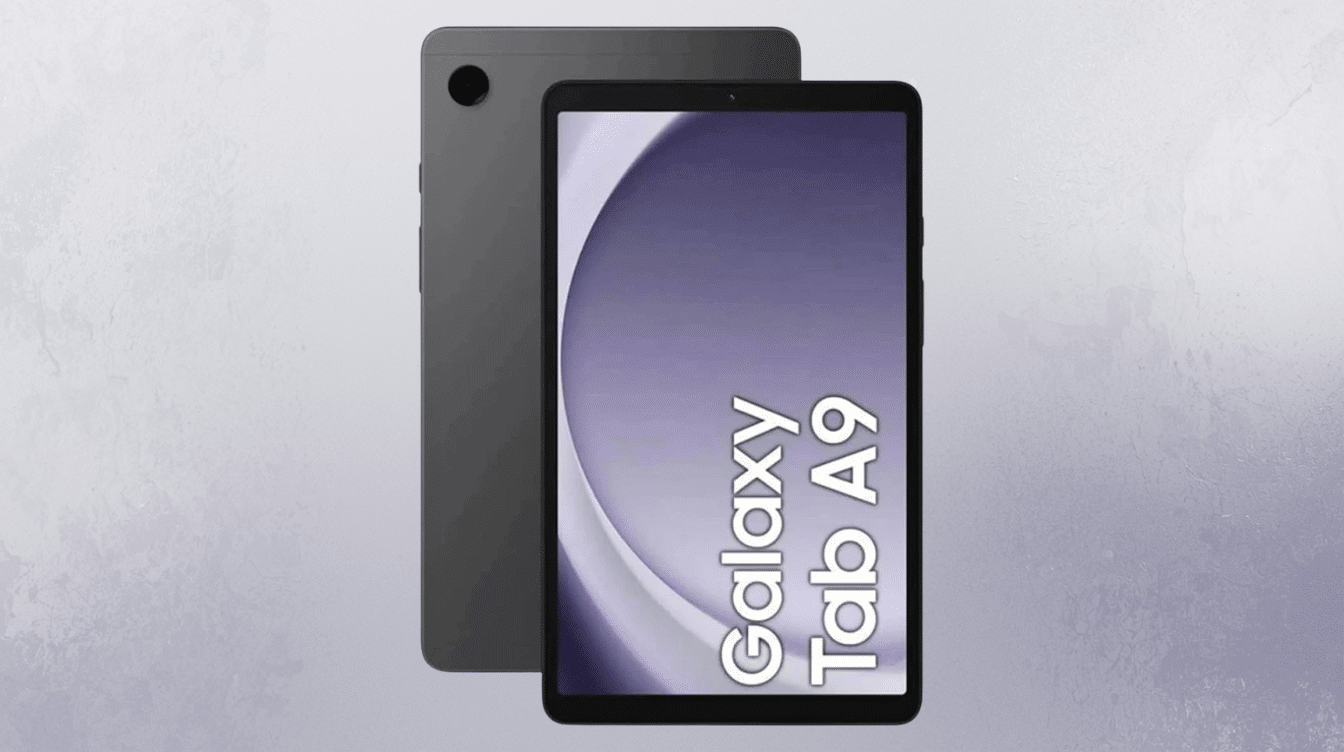 front and back view of samsung galaxy tab a9 showing 87 inch display and gray metal body
