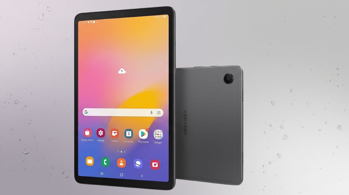front and back view of samsung galaxy tab a9 showing home screen apps and gray metal body
