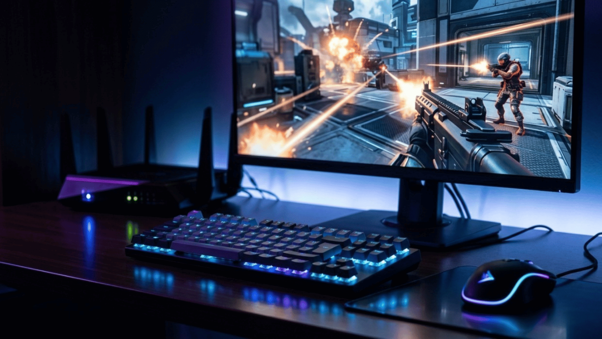 Gaming setup with router, RGB keyboard, and action on screen