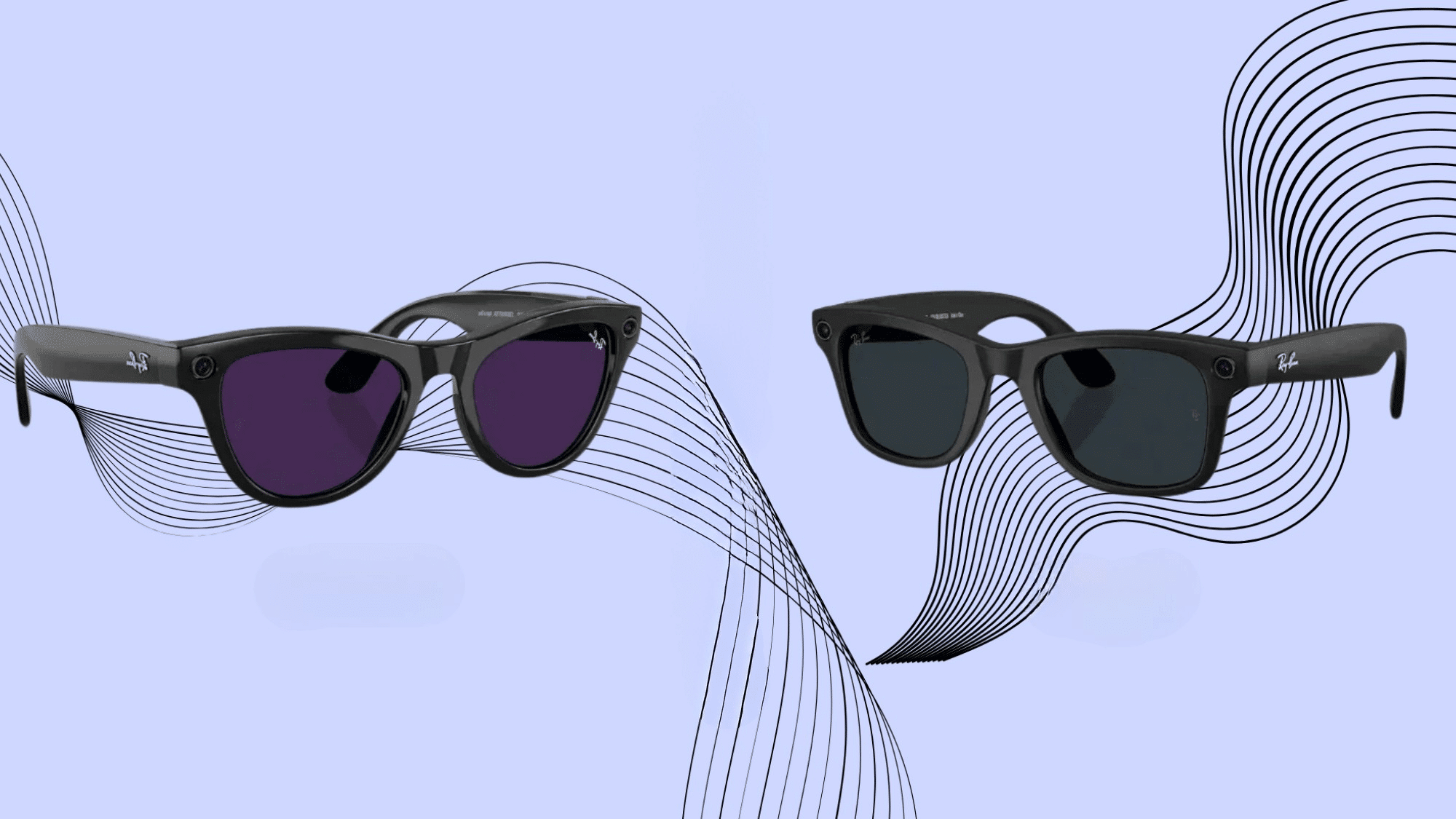 Two pairs of black Ray-Ban Meta smart glasses on a blue abstract background