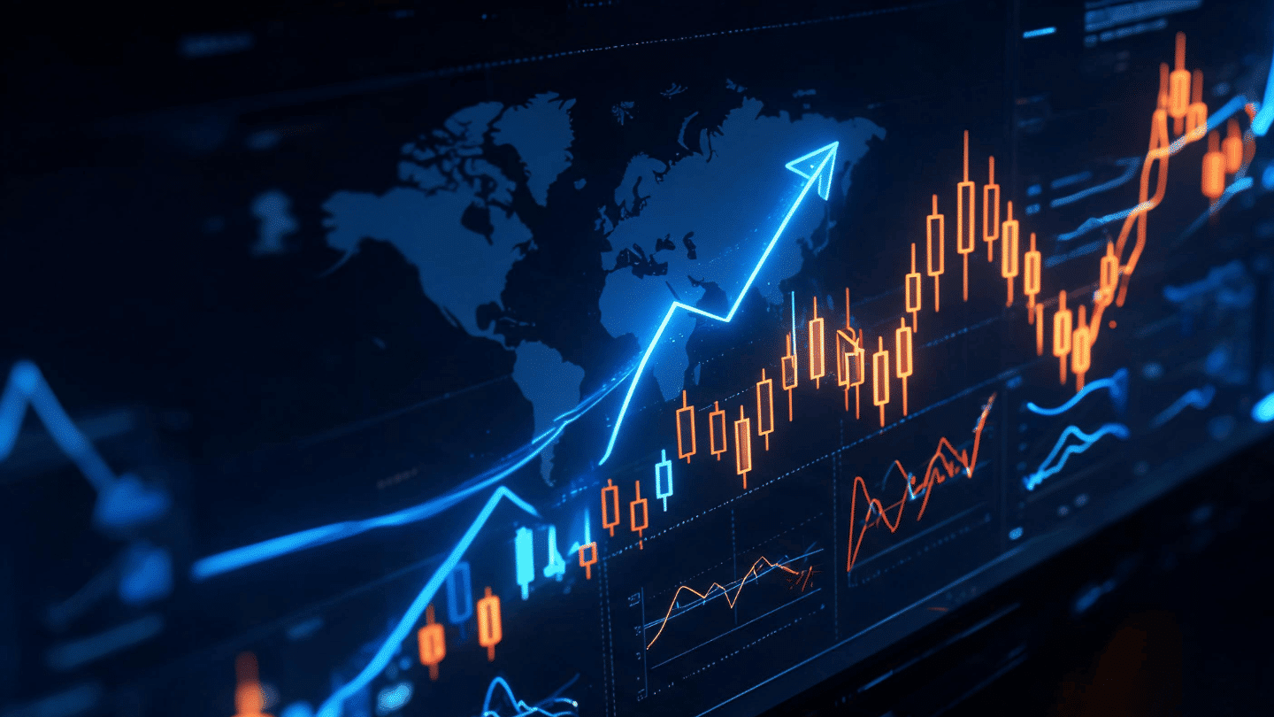 global financial market dashboard with stock charts and growth indicators