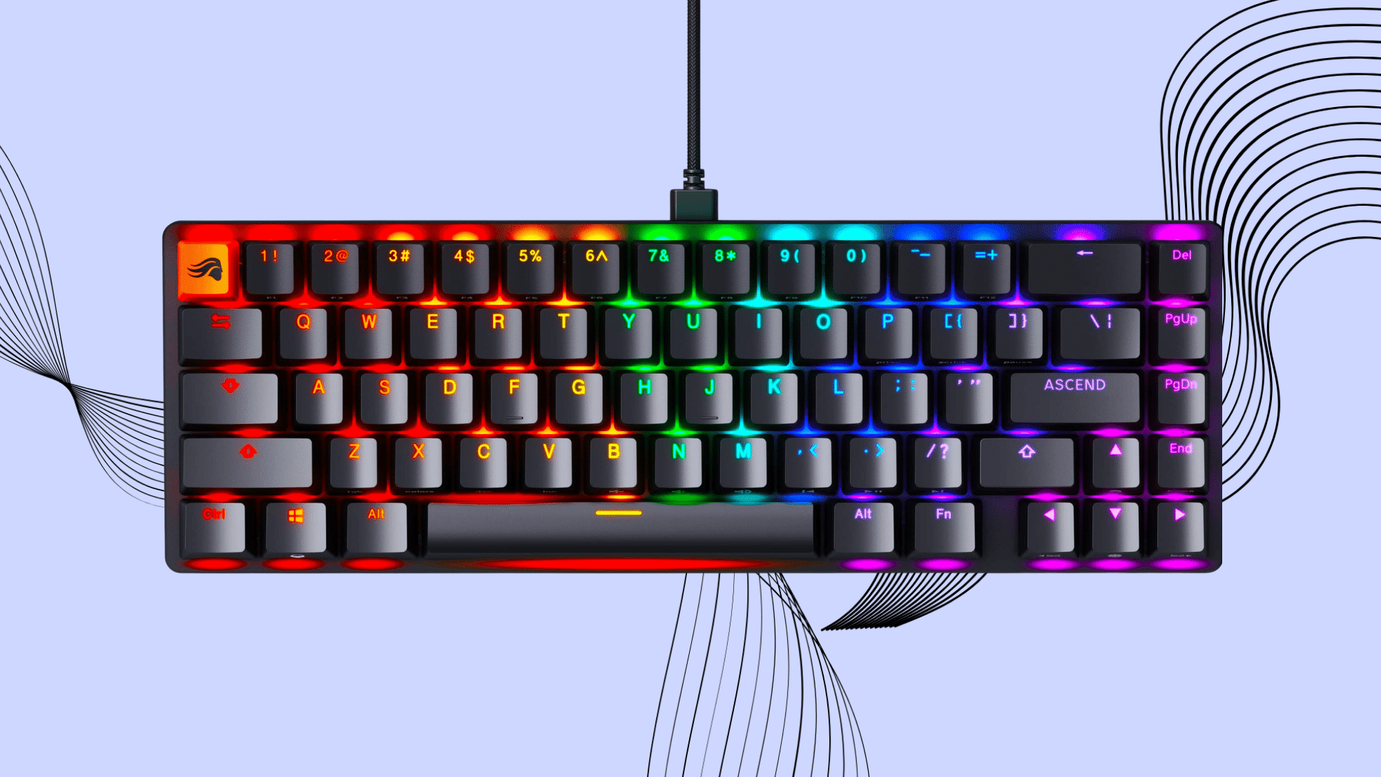 Compact RGB mechanical gaming keyboard with rainbow backlighting and black keycaps on a simple background.