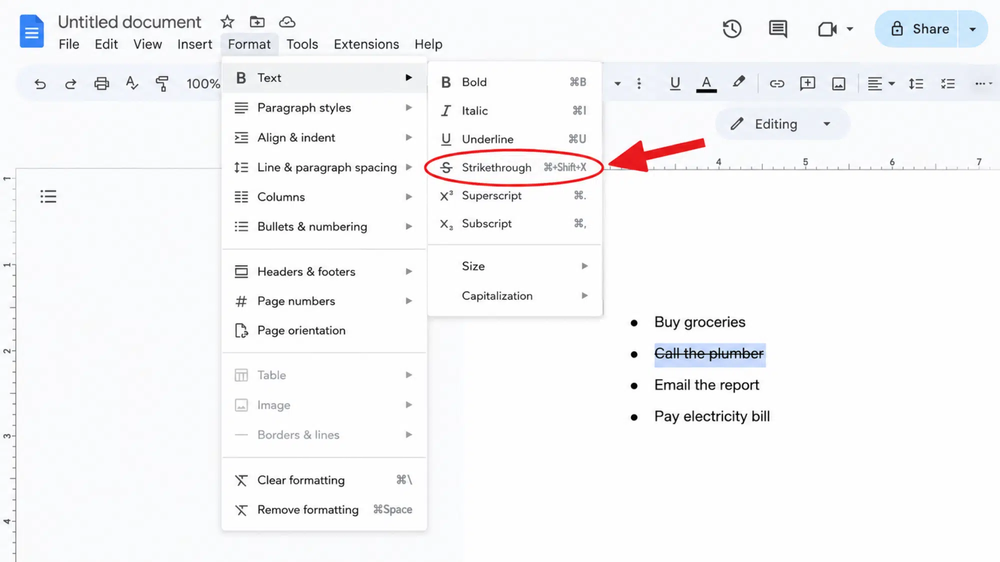 Google Docs Format menu showing strikethrough option on selected text