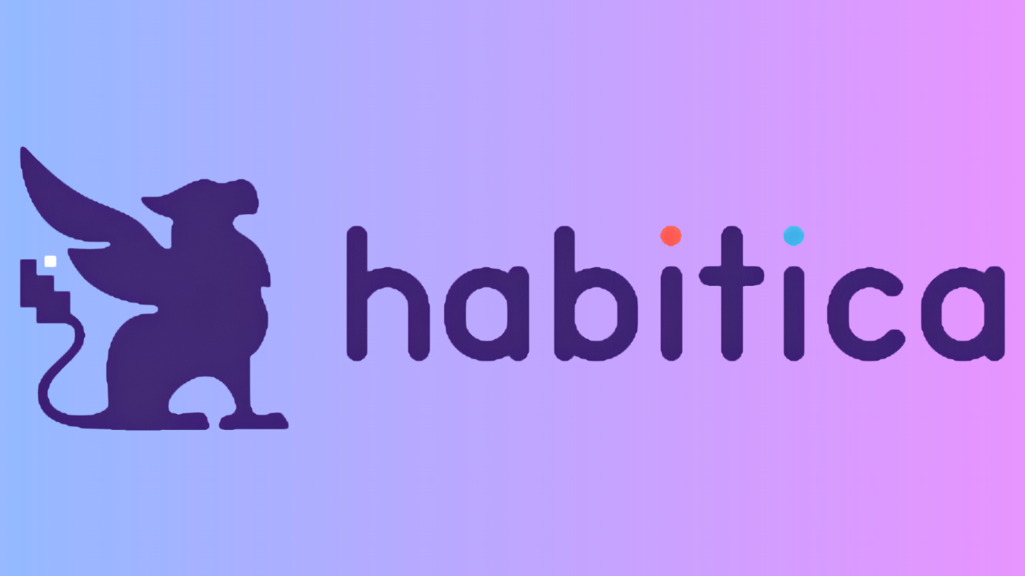 Habitica logo with purple griffin icon and text on a blue and purple gradient background.