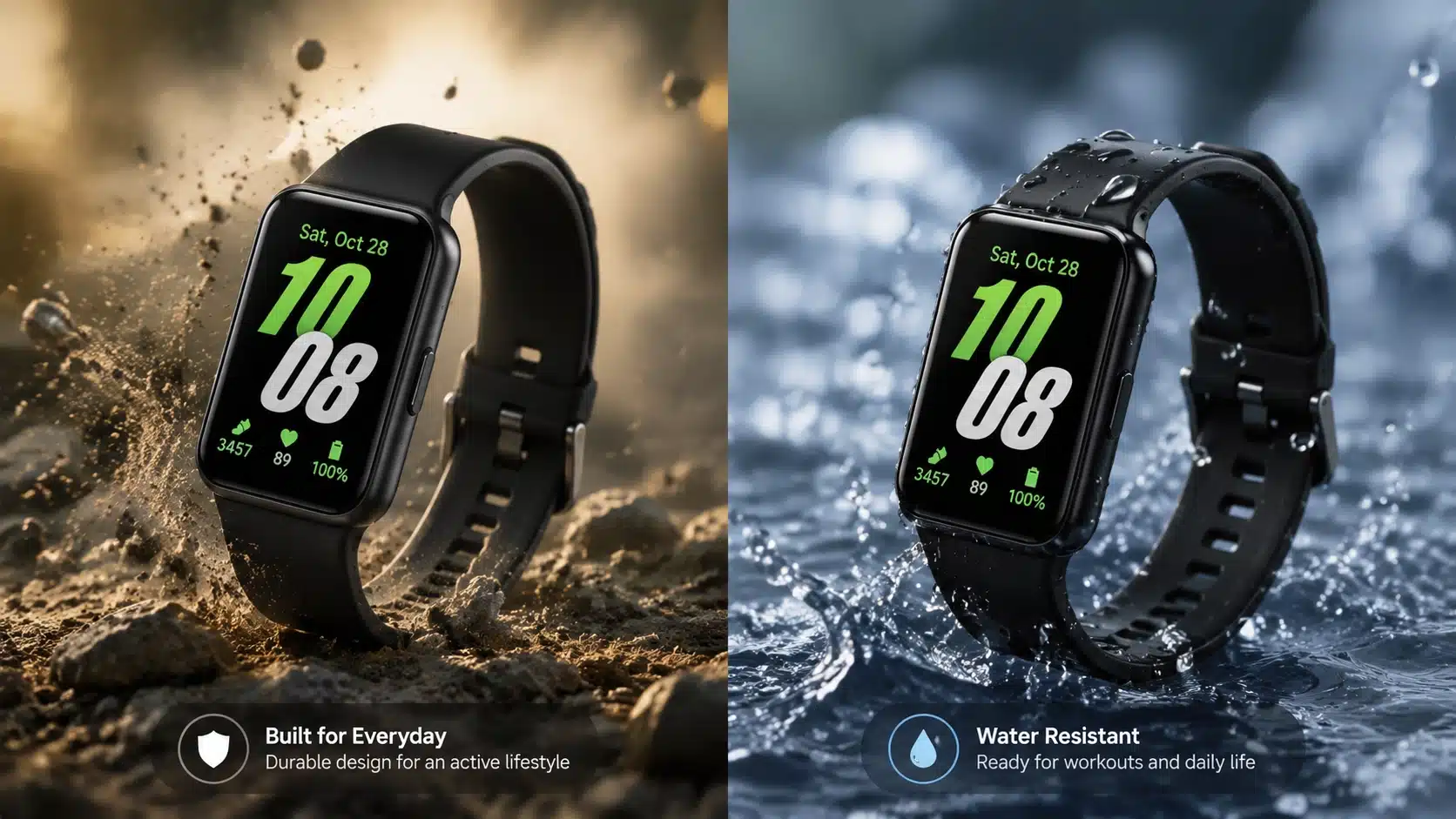 high-resolution product photo showing smartwatch close-up highlighting durability and water resistance features