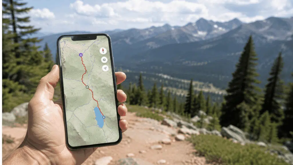 Hand holding a phone with trail map open on a mountain hiking route