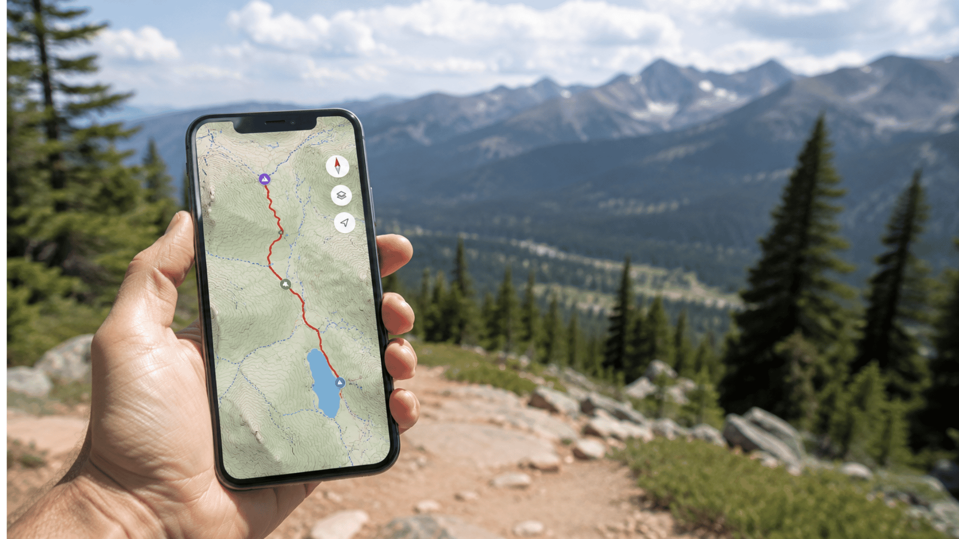 Hand holding a phone with trail map open on a mountain hiking route