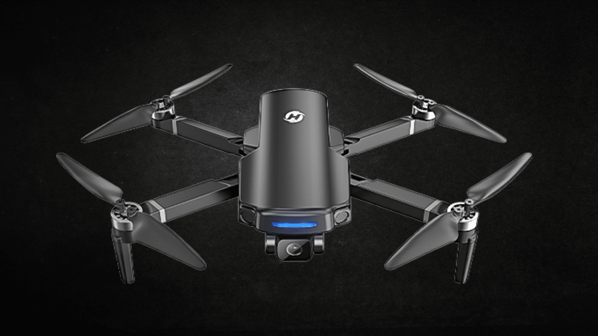 Holy Stone HS360S drone with propellers and camera is shown against a black background