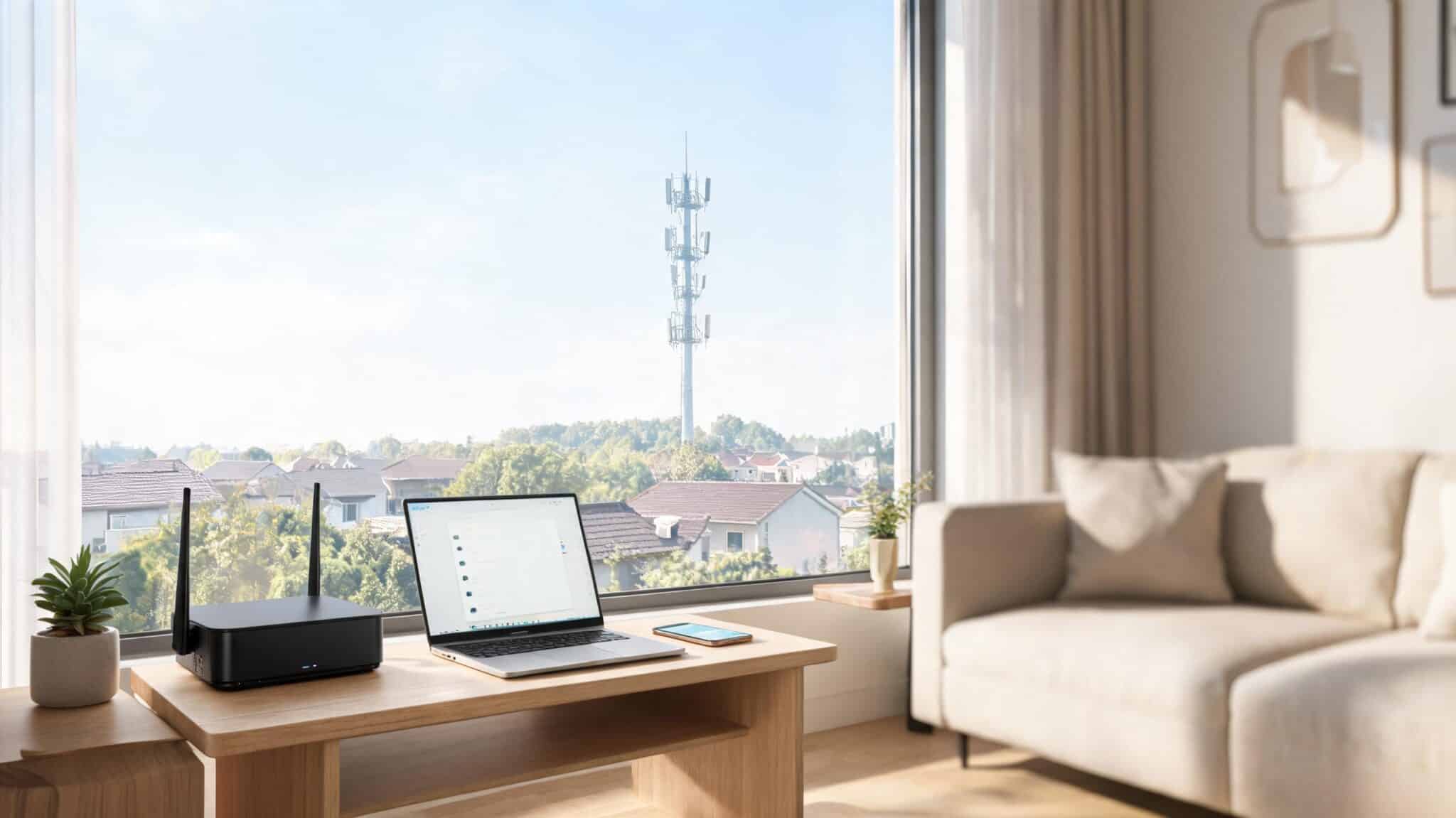 home internet gateway laptop and phone setup near window with tower view