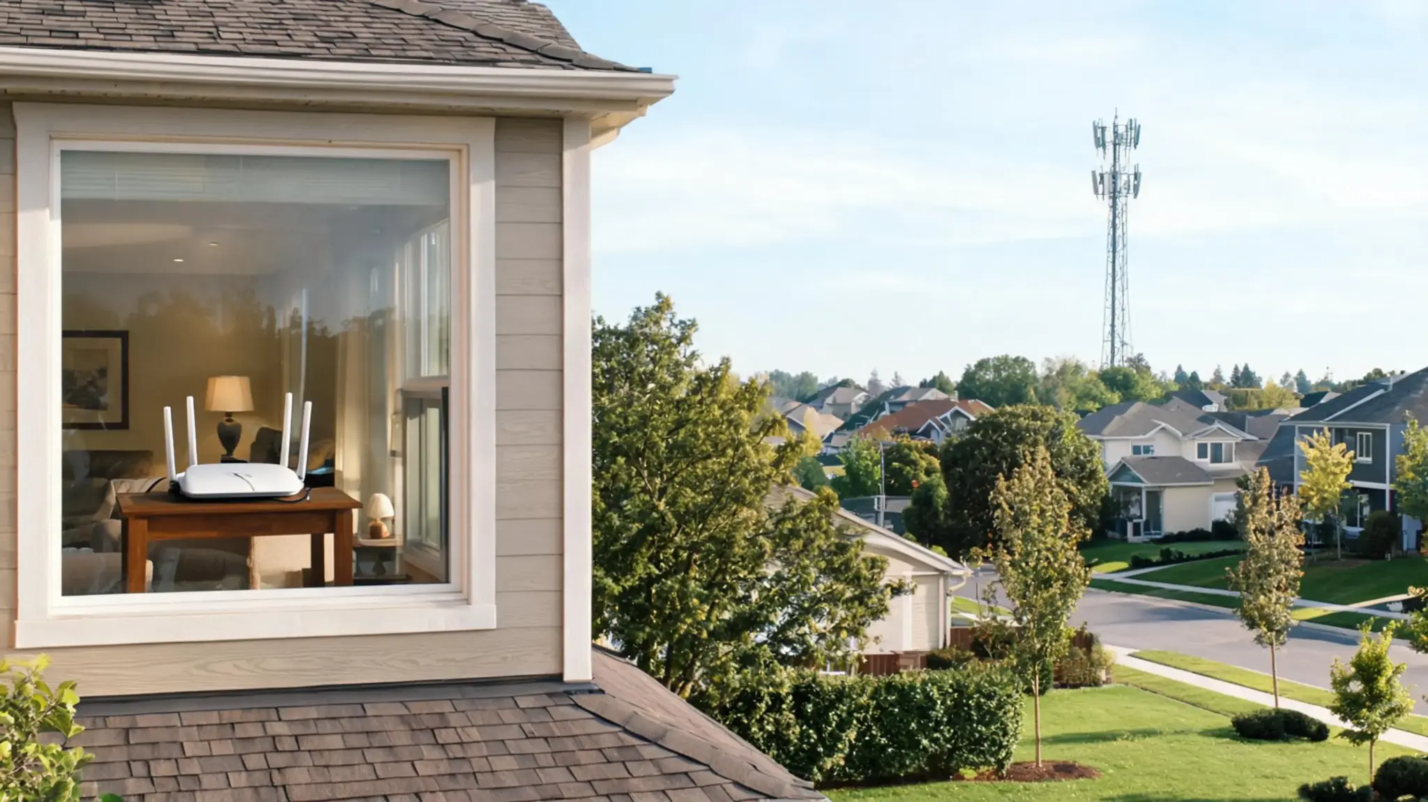 home internet router near window with cellular tower in suburban area