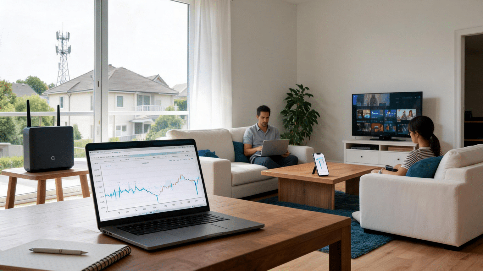 home internet setup with laptop speed test gateway and connected devices in living room