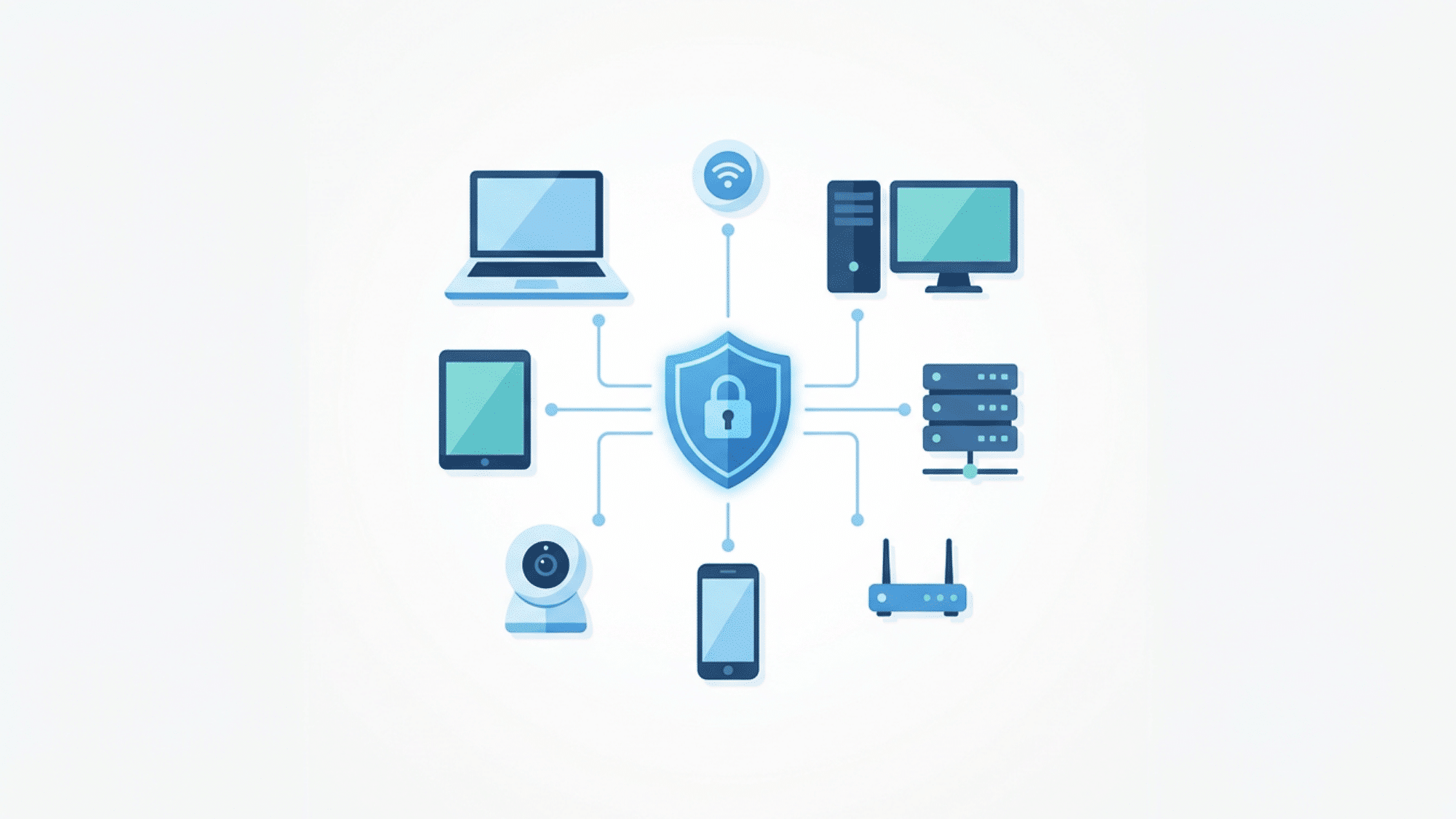 Shield icon connected to laptop, phone, server, and IoT devices representing CSAM