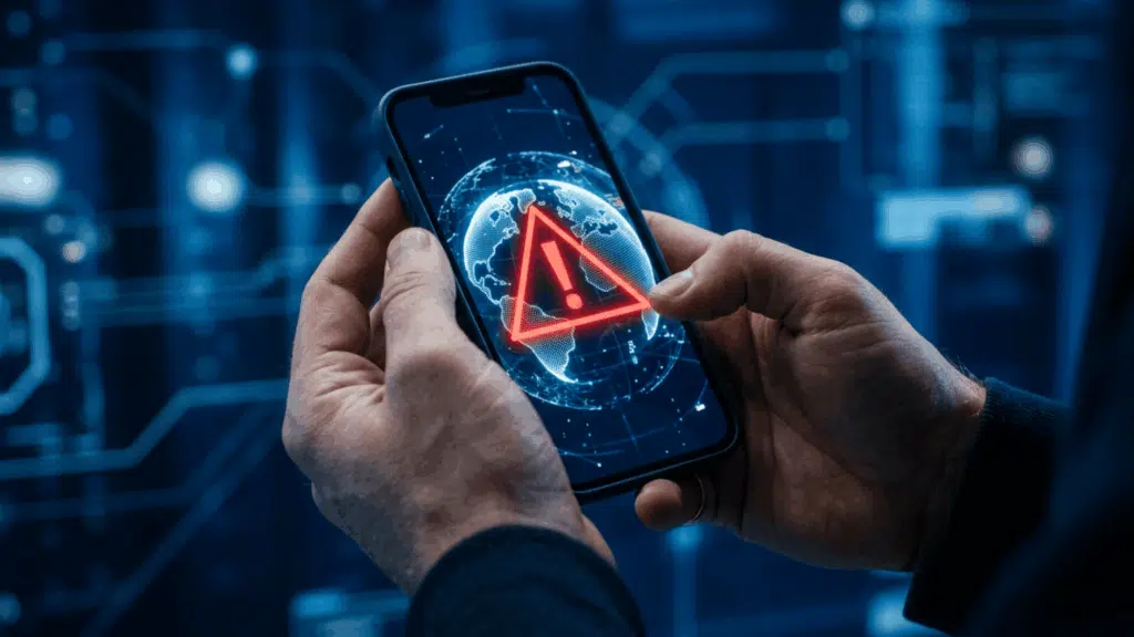 Hands holding a smartphone displaying a red warning alert over a glowing digital globe network