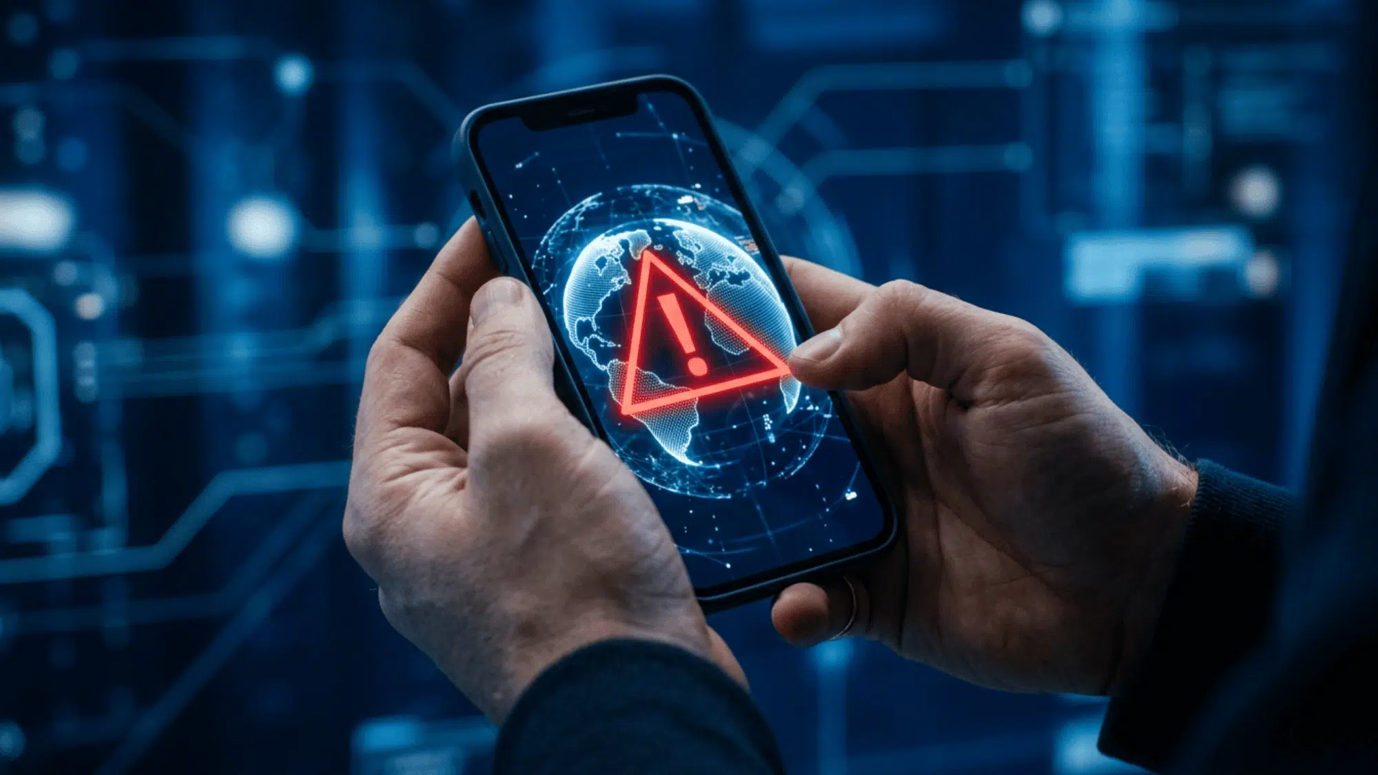 Hands holding a smartphone displaying a red warning alert over a glowing digital globe network