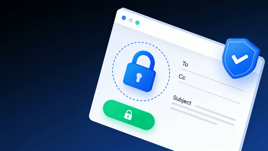 Secure email interface with encryption lock icon and security shield illustration