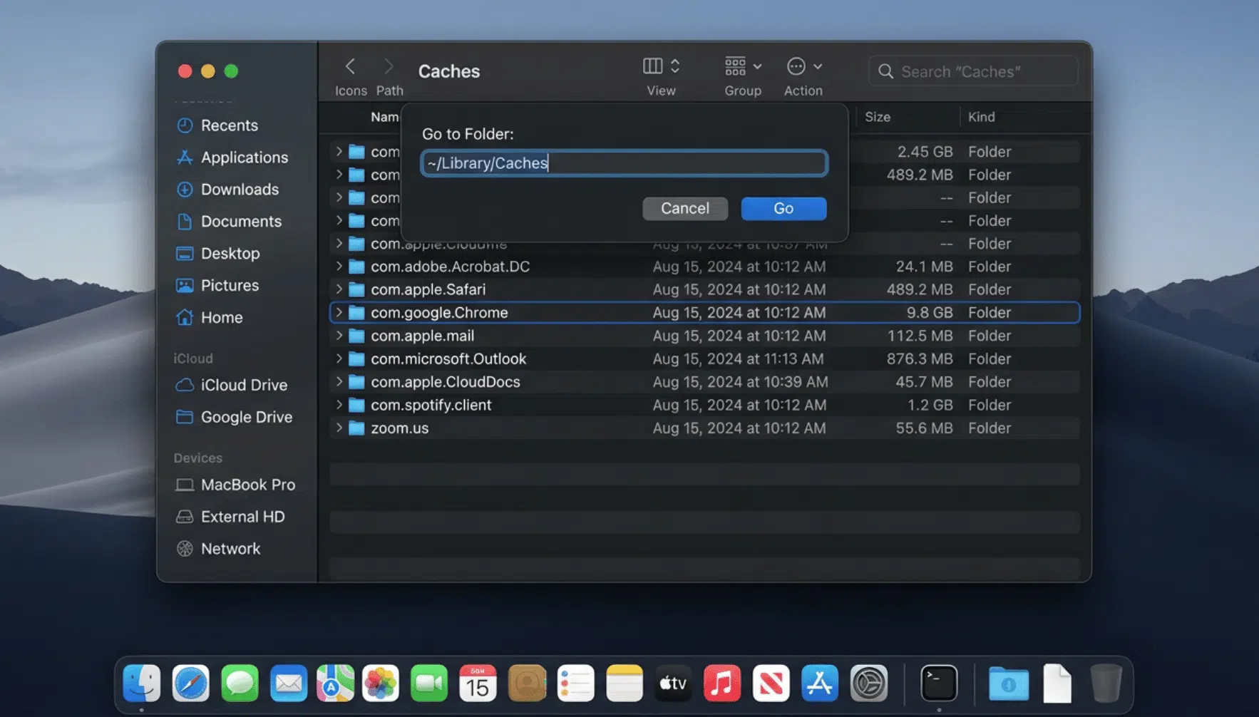 Finder showing cache folder in macOS