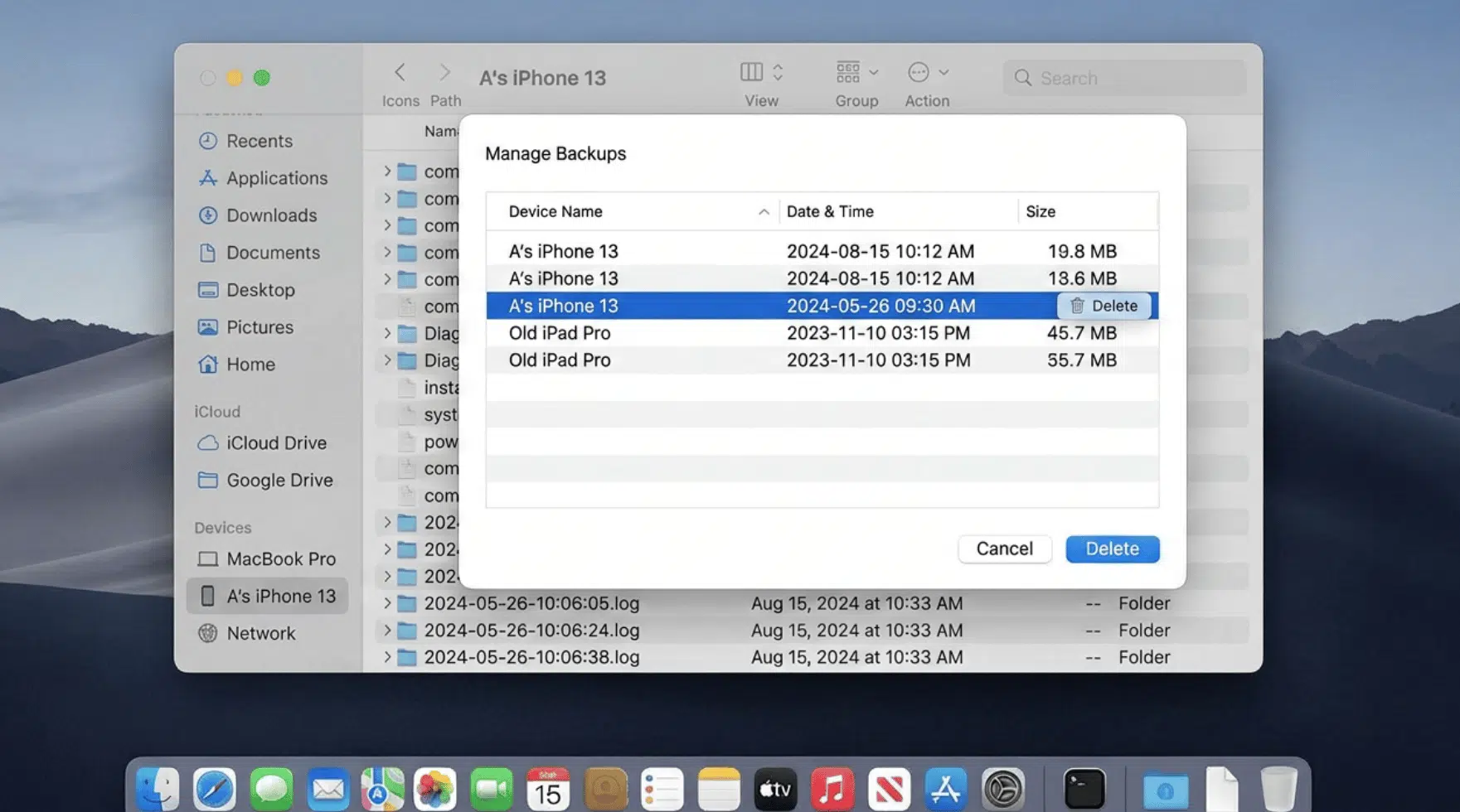 iOS backups list inside Finder window