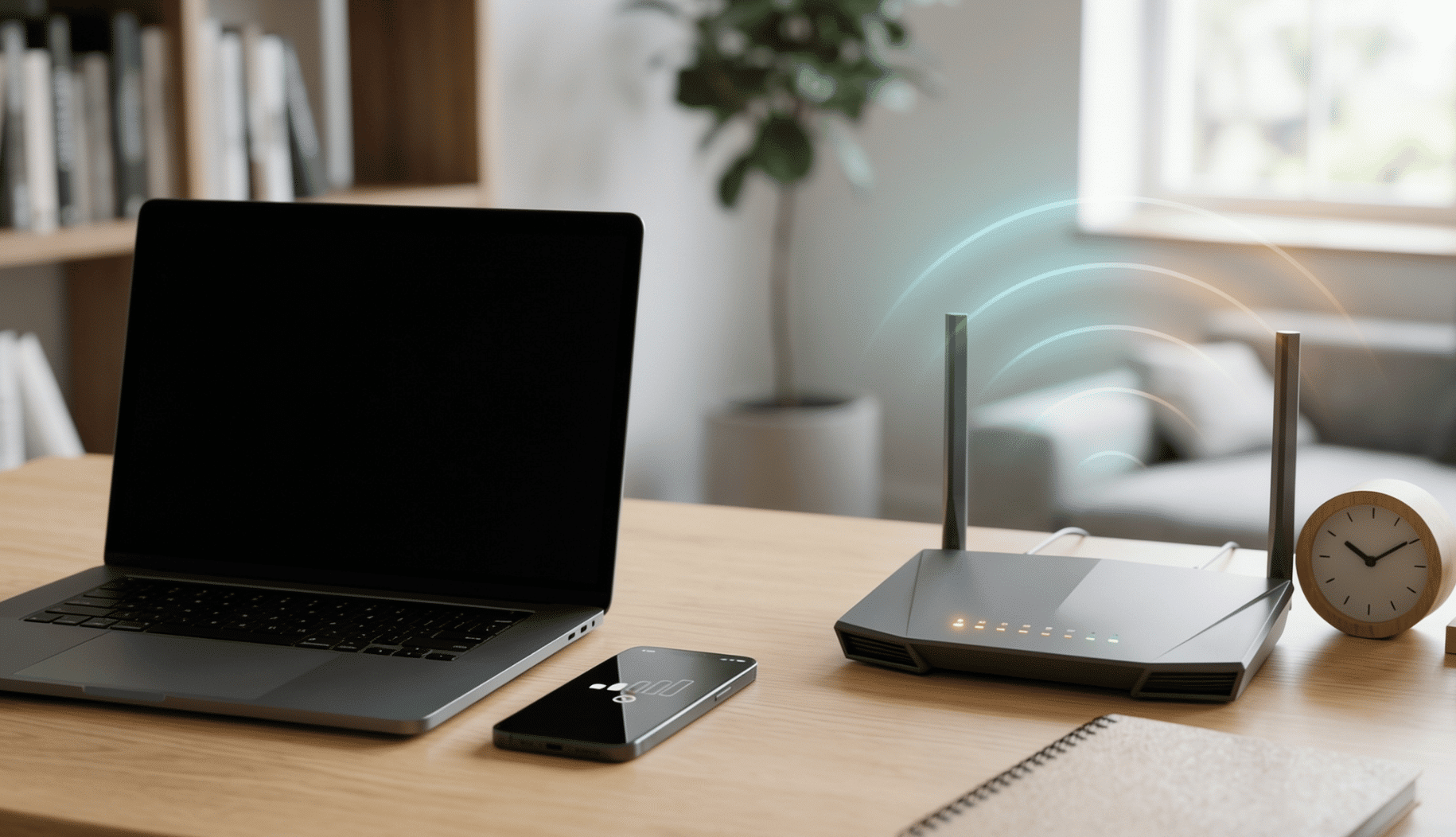 WiFi router with laptop and phone on a bright home office desk