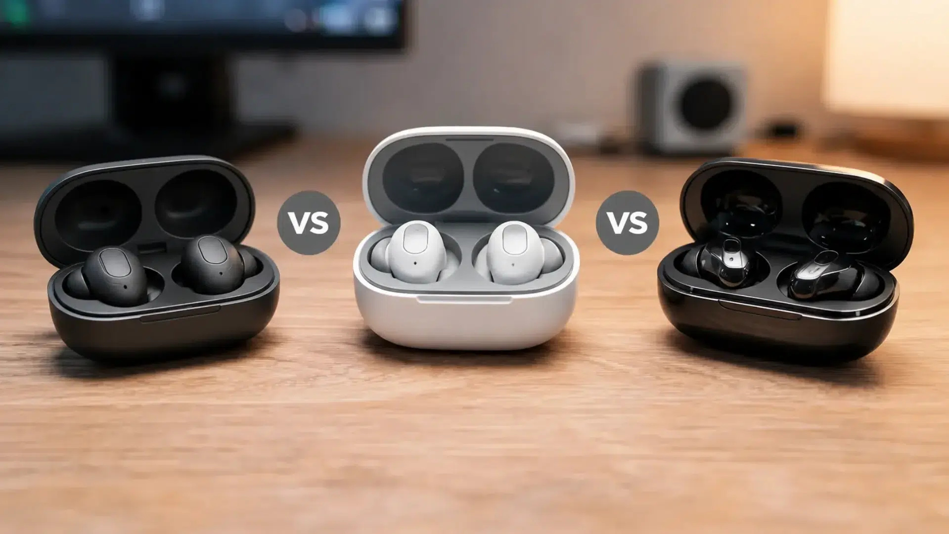 samsung galaxy buds fe compared with other earbuds in open charging cases on a wooden desk